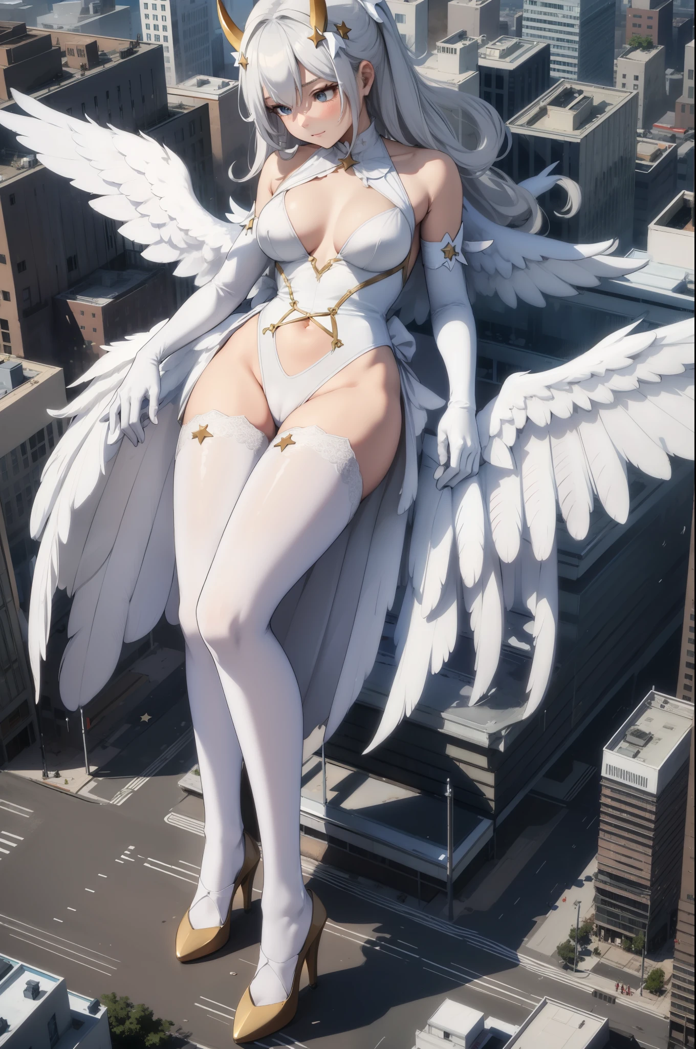Aerial View,giant girl 50,000 feet high,Weight 1000kg,Has a pair of huge white angel wings,With huge devil horns on his head,Has waist-length white hair,loose hair,white wavy hair,Wearing a pair of white Mary Jane high heels,White lace gloves,White lace pantyhose,Pantyhose with bow and star decorations,白色蕾丝whole body,Standing upright on a small city,Beautiful appearance,Exquisite makeup,quality,8k,高quality,Perfect proportion, Cinema lighting,film grain,Fuji colors,8k,textured skin,Super details,high detail,high resolution,fake smile,blood stains,脚底有blood stains,whole body,Obese,feather