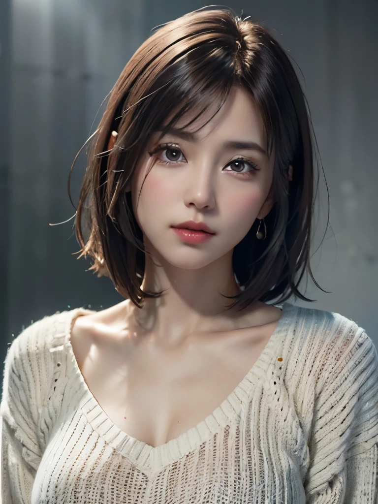 (Representative works:1.3)、(8k、photorealistic、Raw photo、Highest image quality:1.4)、(30 years old mature woman)、small face、beautiful face、(realistic face)、no makeup、natural makeup、light makeup、 (Dark brown、short hair:1.3)、beautiful hairstyle、realistic eyes、beautiful detailed eyes、 (photorealisticな肌)、beautiful skin、 (sweater)、small breasts、Bust B Cup、 Disorganized、 charm、超High definition、Super realistic、 High definition、golden ratio、FF Tifa、Gray background、