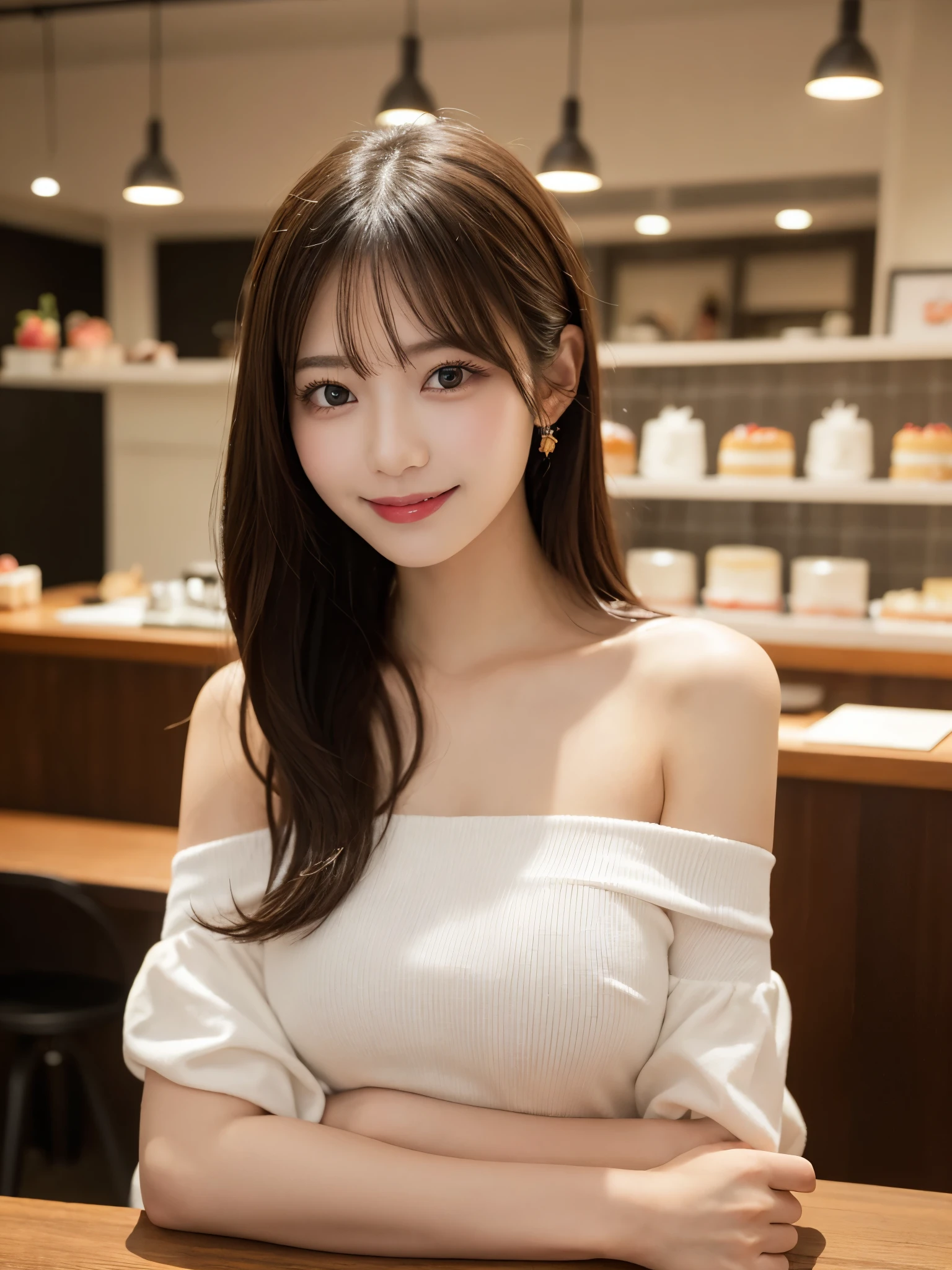 ((best quality, 8K, masterpiece: 1.3)), beautiful girl, pure, melon face, kind and cute, sweet smile, pure desire, slender body, (front), (tilted head), ((looking at camera) ), wearing a pink suit, black silky medium hair, long flowing shoulders, round black big eyes, clear big eyes, moist red lips, sweet, sitting in a cafe, cafe background , (((whole body))),