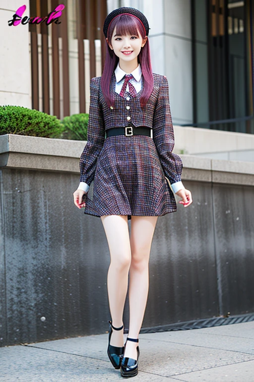 2 girls, female idol、smiling face、Full body Esbian、latex magenta tight mini dress、Fishnet tights、pink hair