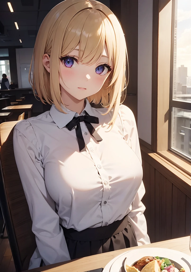 masterpiece, absurdres, best quality, ultra detailed, high Resolution, detailed illustration, extremely beautiful detailed face and eyes, Delicate beautiful face, bright colour, Pastel, 1girl, cute face, magenta eyes, sparkling eyes, big eyes, medium breasts, (perky breasts:1.1), (pointy breasts:1.1), medium hips, glamorous body, white skin, confused, BREAK, long bob cut, (blonde hair:0.8), messy hair, detailed hair, shiny hair, BREAK business suit, tiny ribbon, meeting room, sitting, chair, real world, natural lights, perfect lighting,