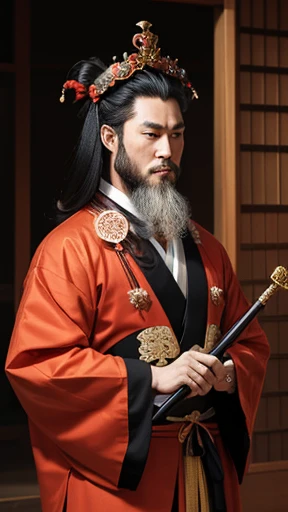 A man wearing clothes from the Heian period、A man with a hairstyle from the Heian period、Red clothes、long beard、man wearing a four-legged crown、man in clothes from the heian period、Holding a scepter