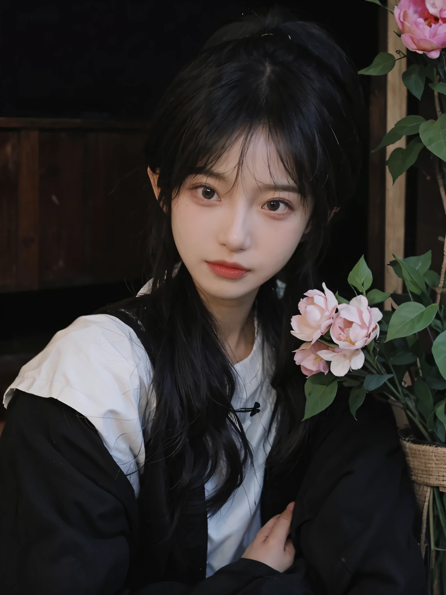 I, 独自of, 1 girl, of_student, +_+, 黑色of_hair, 高of_ponytail, 红色of_flower_hair_decoration