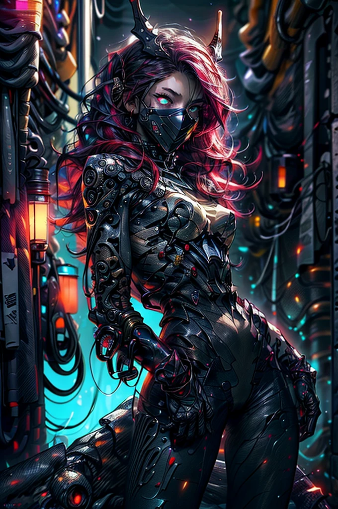 Realistic, perfect masterpiece, high quality, high resolution, highest image quality, 8k hd. 1girl. Long dark blue-red hair, yellow eyes, glowing eyes, horns. Dark red cybernetic suit, masks. Night, flowers, flames on the background. Highly detailed background