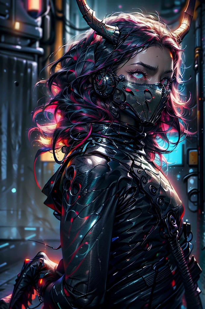 Realistic, perfect masterpiece, high quality, high resolution, highest image quality, 8k hd. 1girl. Long dark blue-red hair, yellow eyes, glowing eyes, horns. Dark red cybernetic suit, masks. Night, flowers, flames on the background. Highly detailed background