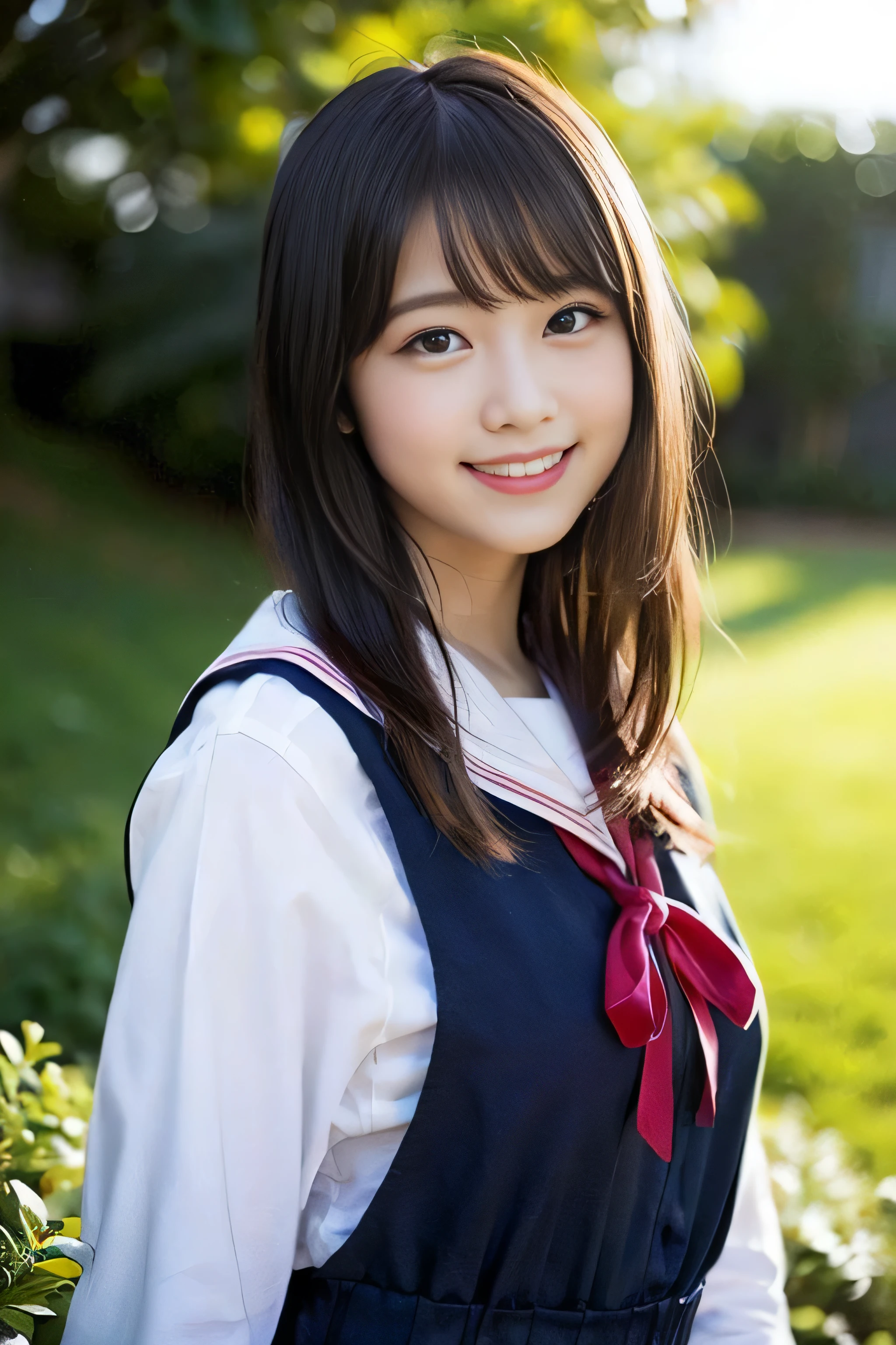 (8K、Raw photography、top-quality、​masterpiece:1.2)、(realisitic、Photorealsitic:1.37)、ultra-detailliert、超A high resolution、女の子1人、see the beholder、beautifull detailed face、A smile、Constriction、(Slim waist) :1.3)、Beautiful detailed skin、Skin Texture、Floating hair、Professional Lighting、Whole human body、Longhaire、a blond、japanese hight school uniform、a sailor suit、matriculation、、Bob Hair、E-cup、Happy smile、sixteen years old、Red ribbons、a baby face、Childish smile、Suppin、Moisturizing lips、Thin pink lips、Nostalgic countryside landscape