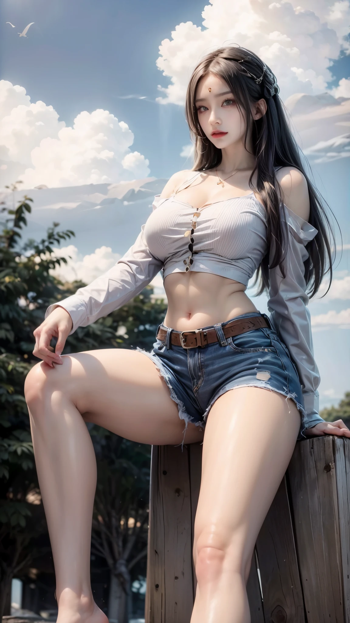 realistic, 1 women, best quality, 12k, HD, long hair, big round breasts, cleavage, ponytail, necklace, jewelry, shorts, short jacket, slim hips, hair tie, yellow eyes, black hair, super detailed, Eye details, hair details, person details, mouth details, face details, breast details, clothes details, hair details, pants details, hand details, whole body