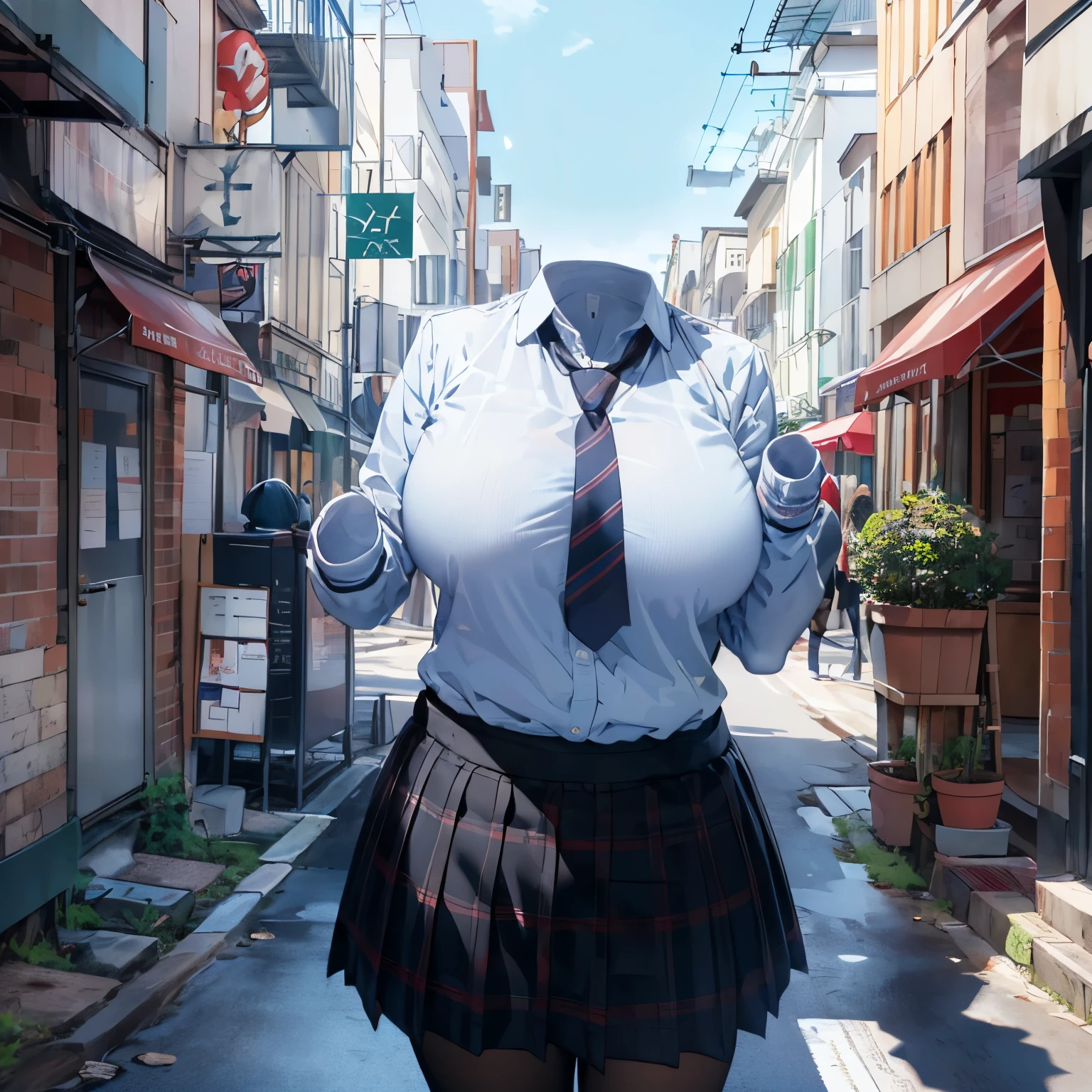 school sweater, winter, plaid skirt, stripe tie, long sleeve, cute big breasts, (invisible, no human, headless, handless:1.5), chubby,cute pose