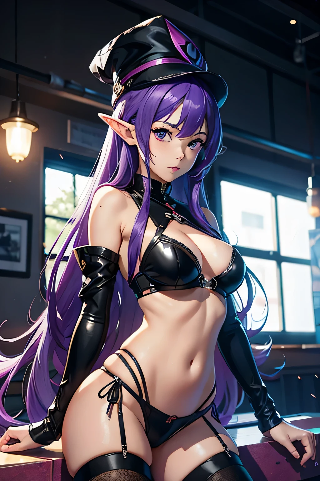 masterpiece, A girl with purple hair and a purple hat is standing in the room。, splash art, style art buds, elf girl, Renji Murata and Art Germ, Very warm, Bibby, art gelm style, style league of legends, Ruan Jia and Artgerm, art gelm style, ! dream art germ