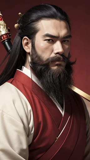 A man wearing clothes from the Heian period、A man with a hairstyle from the Heian period、Red clothes、long beard、four-legged man、man in clothes from the heian period、Holding a scepter