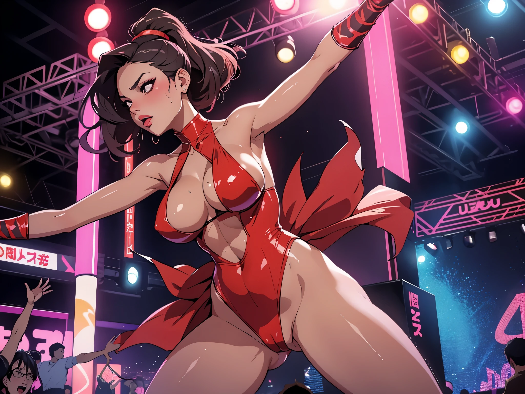 ((Explicit content warning))
In the vibrant city of Tokyo, Japan, amidst the dazzling lights of a vulgar disco club, a woman named Juliana takes the center stage. With her super breasts captivating the crowd, she moves with an irresistible allure, her sweaty skin glistening under the disco lights. As the beats of the music pulsate through the air, Juliana's body sways and twists in a vulgar dance, her movements enticing and provocative. The crowd, captivated by her raw sensuality, surrounds her, their energy igniting the atmosphere. With each step and sway, Juliana exudes an intoxicating passion that leaves the room breathless. As the night progresses, her dance becomes more intense, and her body, drenched in