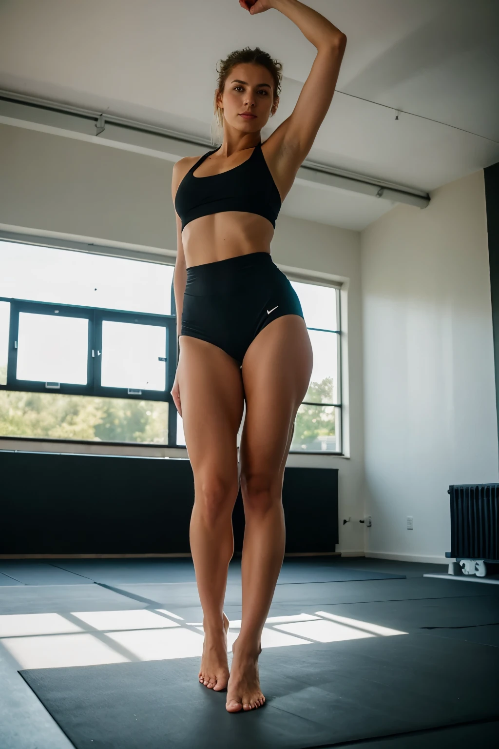 Full body recording, Barefoot,ROH, analog, Nikon Z 85mm,((best quality)), ((Meisterwerk)), ((realistisch)), Fitness-Influencer kicking, she fights and wrestles, dunkel braune glatte lange Haare, she has a toned feminine body, starke Beine, strong body, kurvige Sanduhren Figur, Kampf Pose, Wear a seductive sport outfit , , (Sommersprossen:0.6), im gym, Komplizierte Details, Sehr detailliert, scharfer Fokus, wahres Leben, ultra realistisch, Fotorealismus, Fotografie, 8K UHD, Fotografie, SEMI-SILHOUETTE Licht