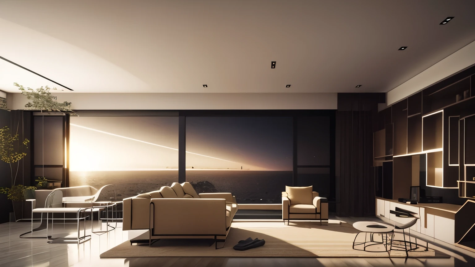 there is a living room with a piano and a large window, architectural visualization, Render in enscape, detailed architectural visualization render, living room, Floor-to-ceiling windows, Award-winning rendering, Render lighting, Inspired by David Chipperfield, ceiling to floor windows, Atmospheric rendering, Encapsulated rendering, vray rendering, realistic physical rendering, sea view