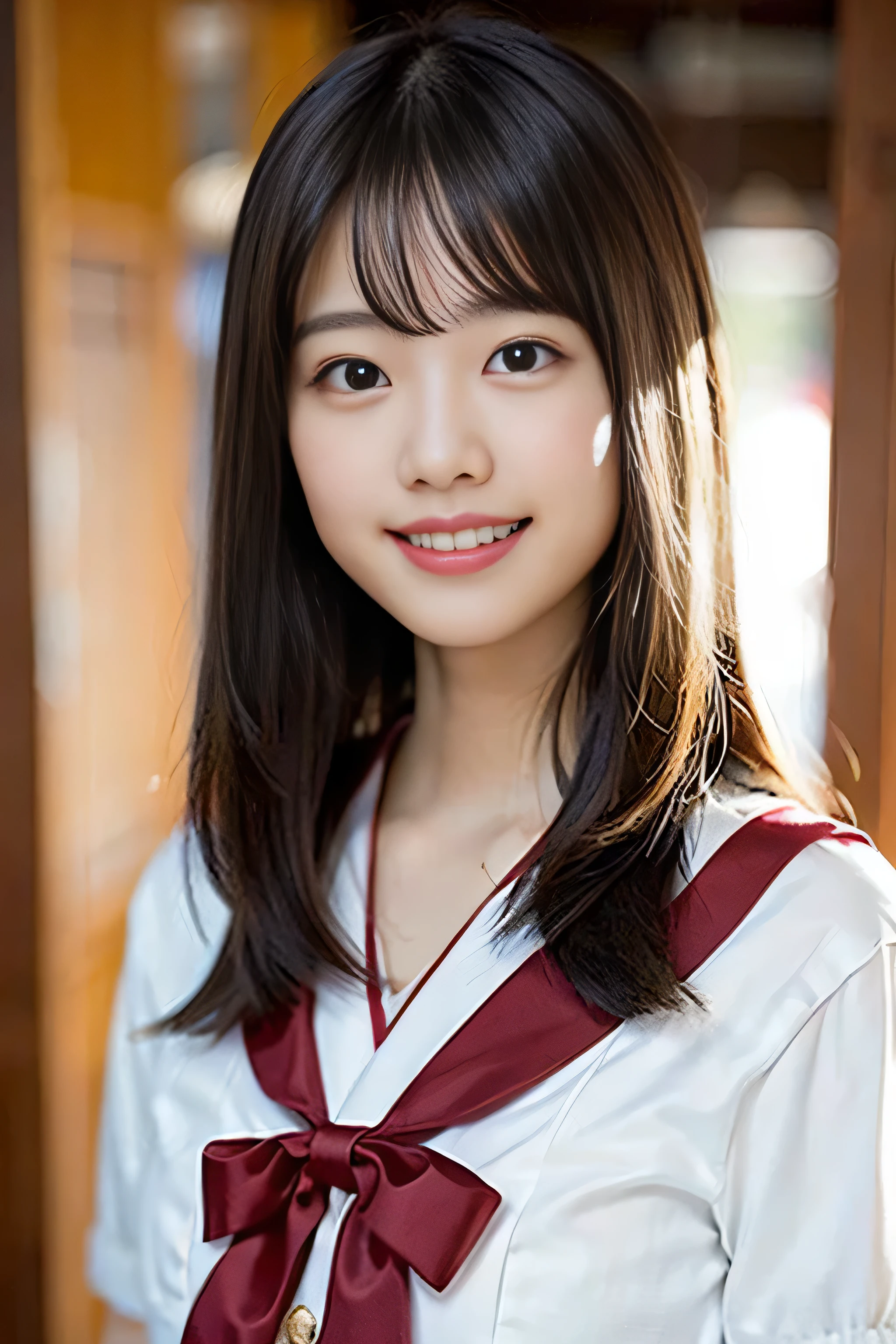 (8K、Raw photography、top-quality、masterpiece:1.2)、(realisitic、Photorealsitic:1.37)、ultra-detailliert、超A high resolution、女の子1人、see the beholder、beautifull detailed face、A smile、Constriction、(Slim waist) :1.3)、Beautiful detailed skin、Skin Texture、Floating hair、Professional Lighting、Whole human body、Longhaire、a blond、japanese hight school uniform、a sailor suit、Bob Hair、E-cup、Happy smile、sixteen years old、Red ribbons、a baby face、Childish smile、Suppin、Moisturizing lips、Thin pink lips、Salar de Uyuni、Vast lakes