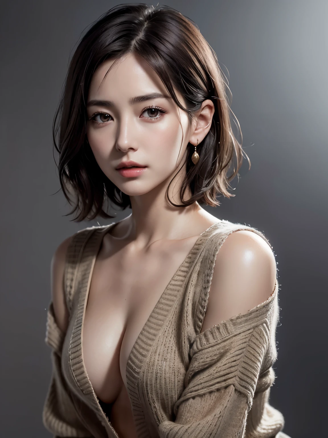 (Representative Works: 1.3), (8k, photorealistic, raw photos, Highest image quality: 1.4), (30 years old mature woman),small face, beautiful face, (realistic face),no makeup、natural makeup、light makeup、 (Dark brown, short hair: 1.3), beautiful hairstyle, realistic eyes, beautiful detailed eyes, (Photorealistic skin), beautiful skin, (sweater),small chest、Bust B Cup、 disorganized, Charm, 超High definition, Super realistic, High definition, golden ratio, FF Tifa、Gray background、