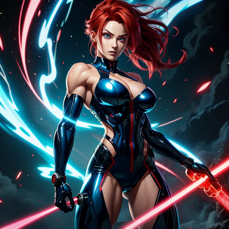 Anime Character with big tits and Electric Red Hair and Transparent Background:
(Transparent background, High definition: 1920 x 1080p), a muscular figure clad in a cartoon anime-style outfit, broad, narrow eyes drawing intense focus, electric blue hair standing out against the background, red glowing eyes piercing through the emptiness, broad shoulders and narrow waist showcasing an athletic physique.