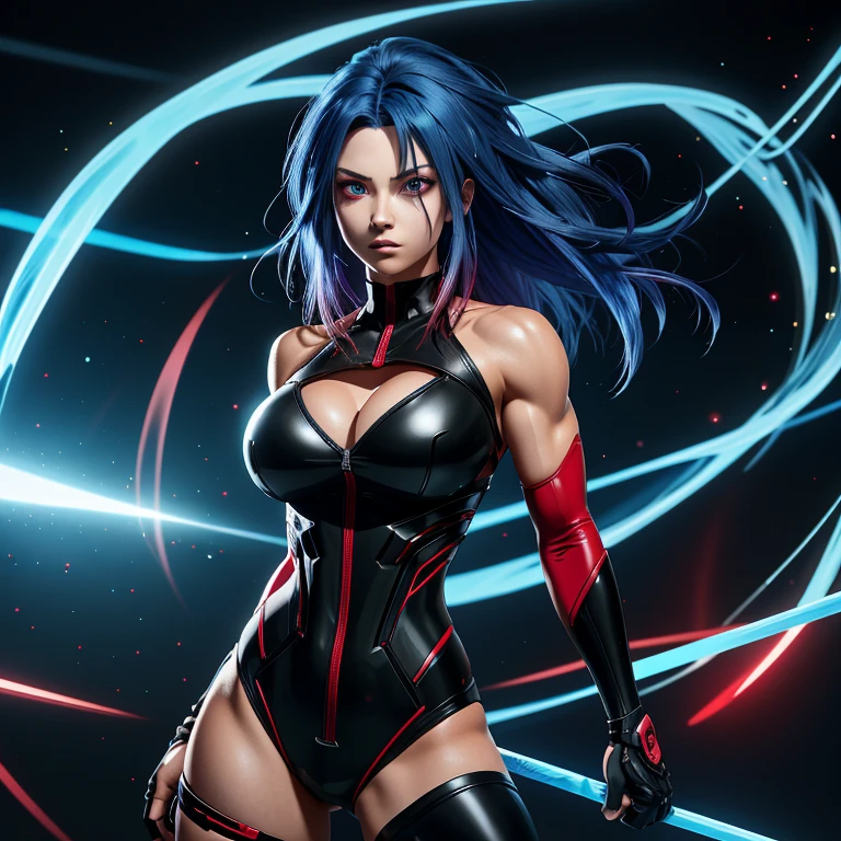 Anime Character with big tits and Electric Red Hair and Transparent Background:
(Transparent background, High definition: 1920 x 1080p), a muscular figure clad in a cartoon anime-style outfit, broad, narrow eyes drawing intense focus, electric blue hair standing out against the background, red glowing eyes piercing through the emptiness, broad shoulders and narrow waist showcasing an athletic physique.