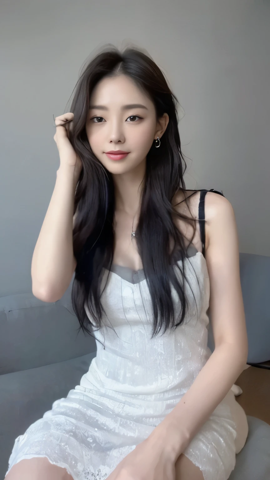 ((top-quality、8k、masterpiece:1.3))、Beautiful woman with perfect body:1.4、slim abdomen:1.2、Longhair, normal breast, Highly detailed facial and skin texture, A detailed eye, (smile), (full body shot), ((studio)), (sitting on the chair), (((wearing white dress1.2)), looking infront, (((plain dark grey background:1.3)))