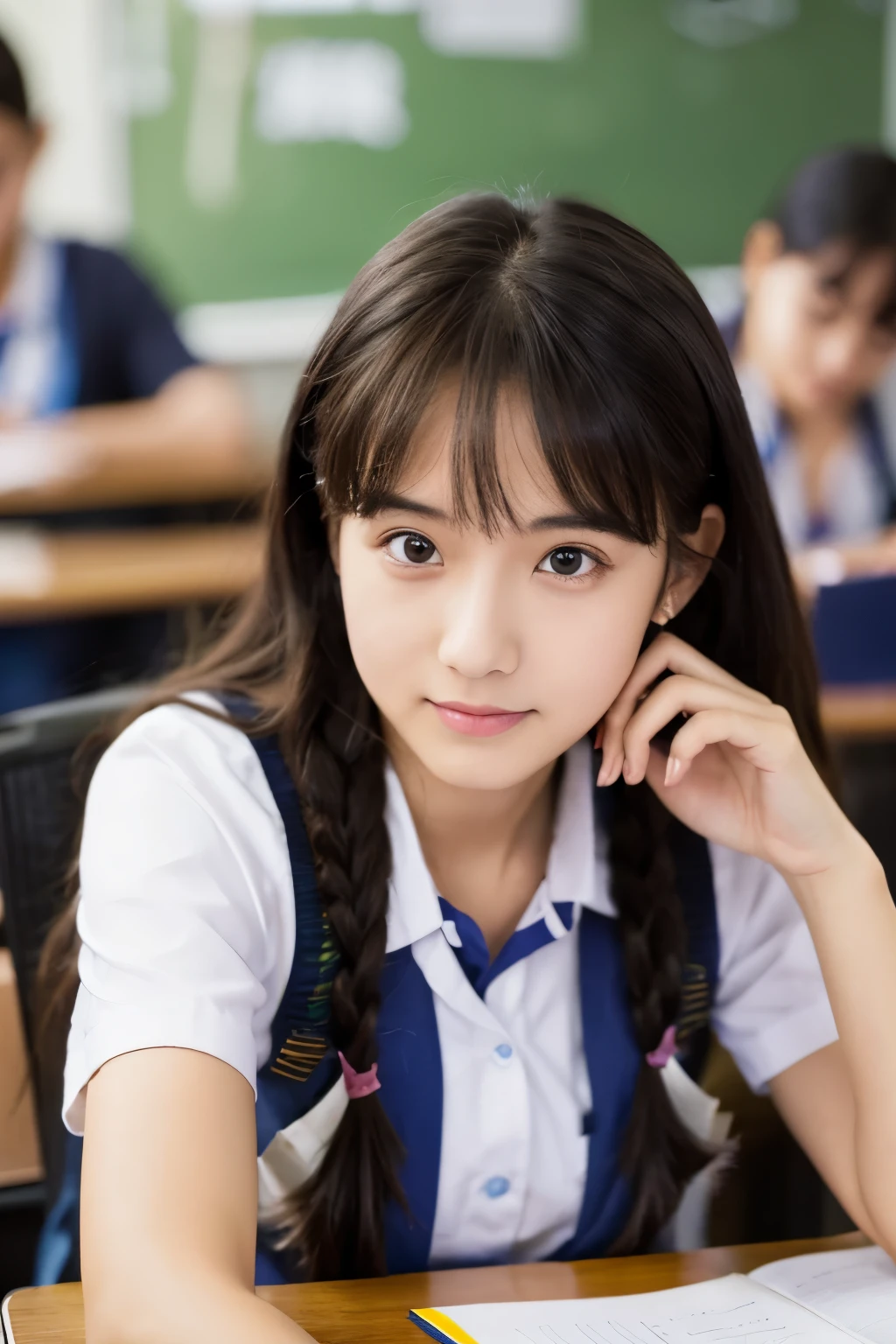 Female student studying at school、serious expression、positive