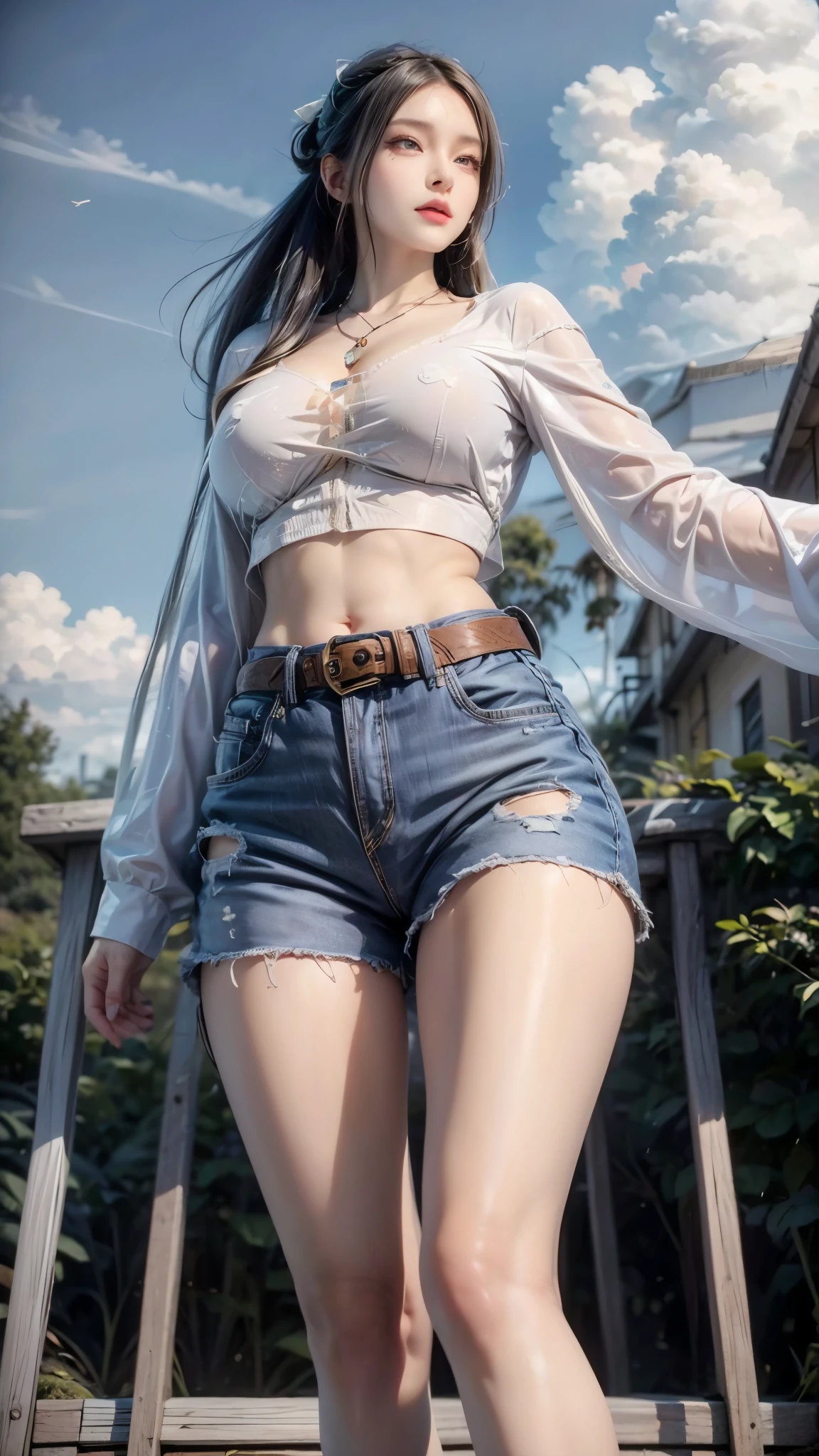 realistic, 1 women, best quality, 12k, HD, long hair, big round breasts, cleavage, ponytail, necklace, jewelry, shorts, short jacket, slim hips, hair tie, yellow eyes, black hair, super detailed, Eye details, hair details, person details, mouth details, face details, breast details, clothes details, hair details, pants details, hand details, whole body