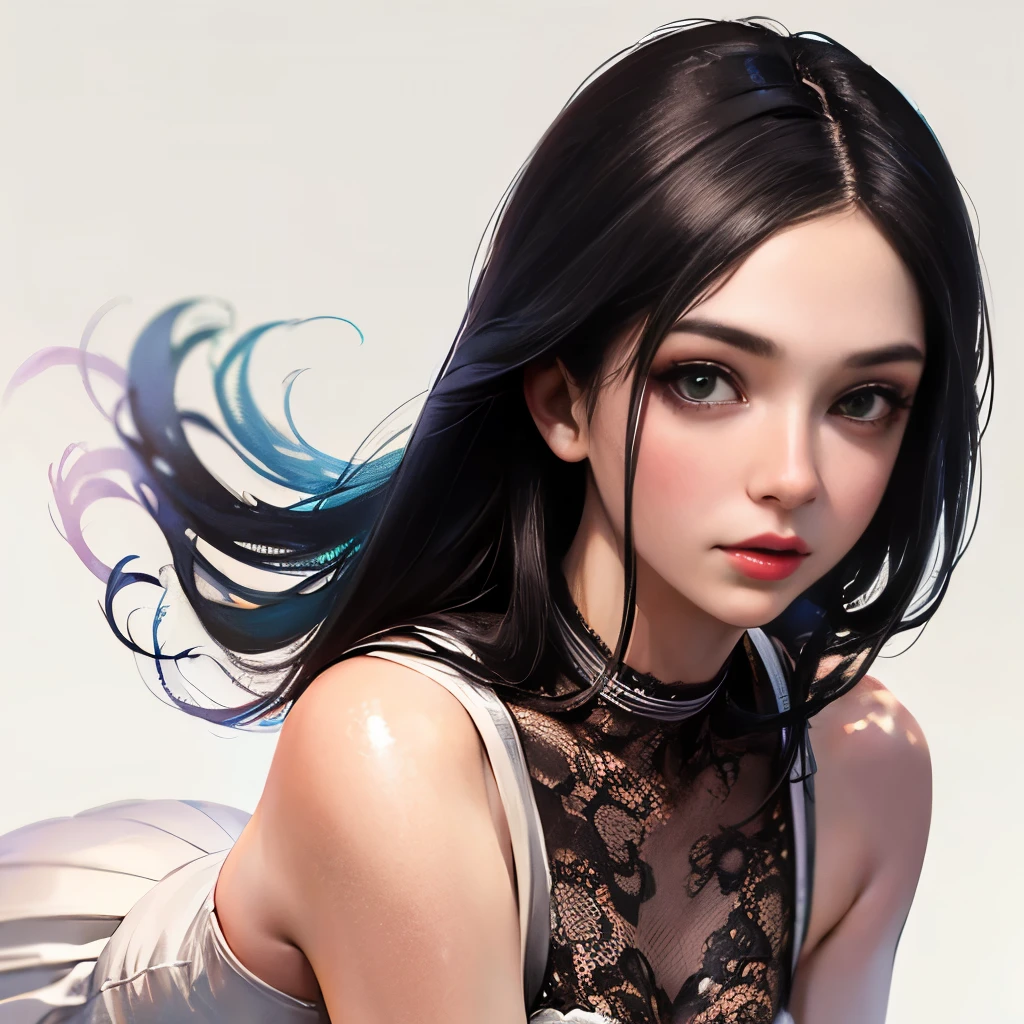 ultra high definition, masterpiece, textured skin,A beautiful one-piece lace female figure, Super details, high detail, high quality, best quality, high resolution, 8k, 16k，whole body,1 girl,wearing white skirt，She has long black hair，realistic face,realism, portrait, （White background:1.5)