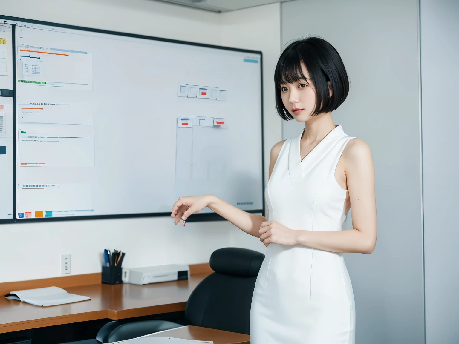there is an officeJapanese lady,Short hair with oblique bangs,In modern minimalist office,looking at the walls, Simple business casual attire,Simple dress,there is a whiteboard on the wall, minimalist , japanese office, japanese lady, standing in the office looking at wall's whiteball,Modern decorated office