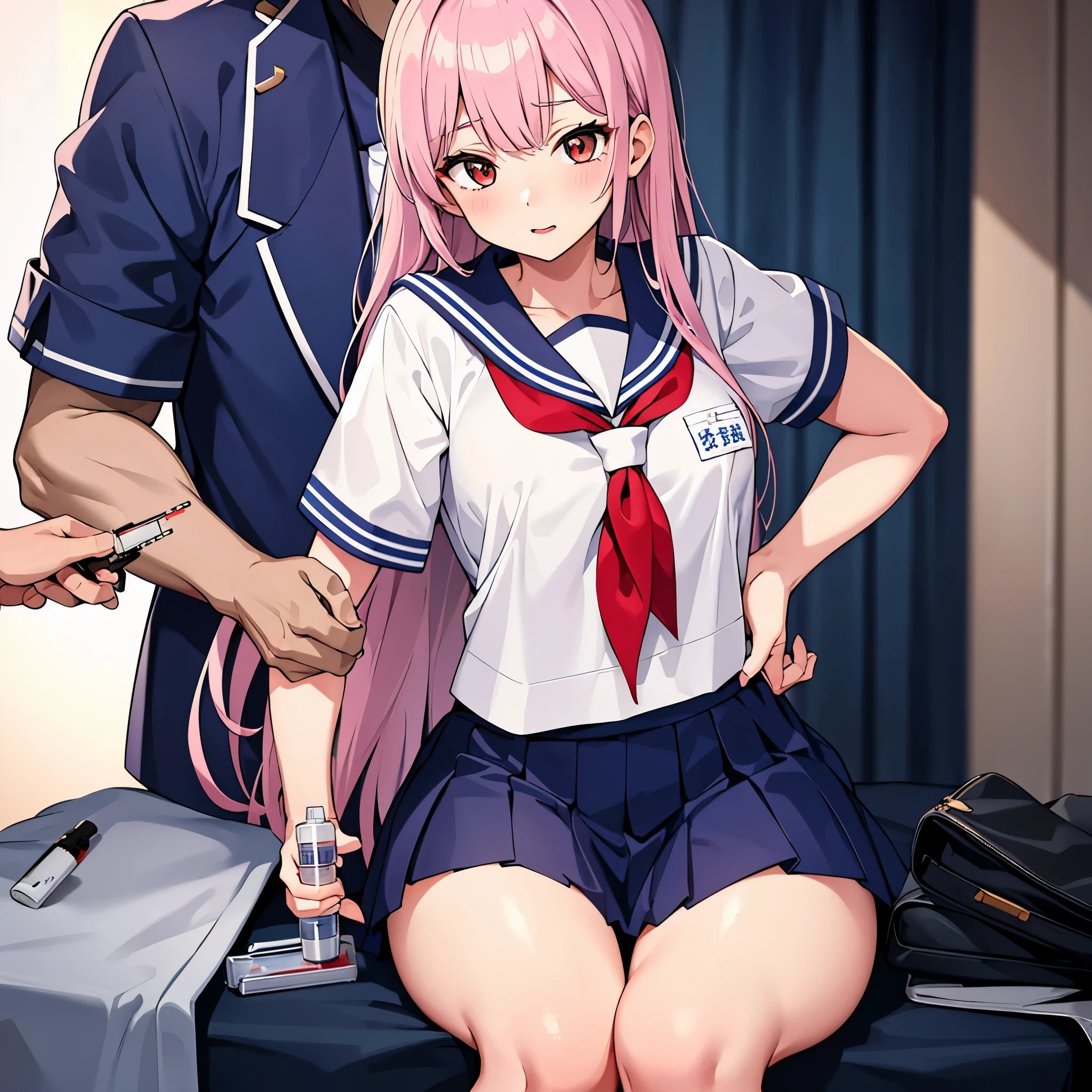 High school girl in a sailor suit receiving vaccination、A man grabs your arm and takes a syringe and stabs it into your upper arm.