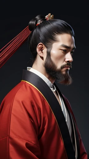A man wearing clothes from the Heian period、A man with a hairstyle from the Heian period、Red clothes、long beard、four-legged man、man in clothes from the heian period、Holding a scepter、highest quality、