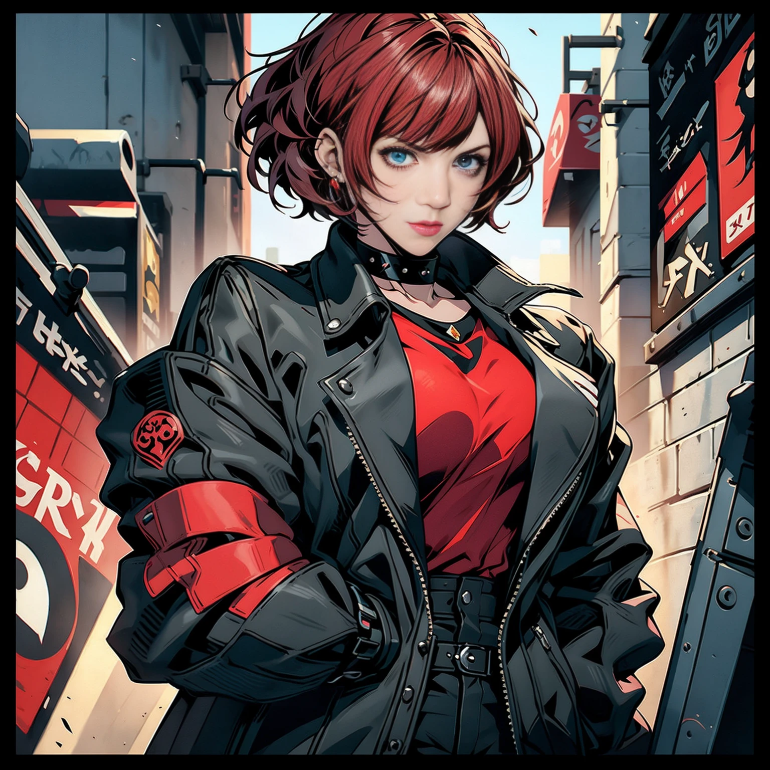 in the art style of persona5 and in the art style of street of rage 4, delinquent, (sukeban), mature_female, blush, mature, older woman, 25 years old, Sukeban teacher outfit, (1girl, solo female, solo, solo focus)++++, choker, sukeban teacher, sukeban fighter, long_sleeves, open jacket, blue jacket,( jean)+++, light skin tone female, (full body)+++++, jacket, biker jacket, tape, arm_support, gloves, red_gloves, bridal gauntlets, nail polish, boots, black_footwear, fighter outfit, (full body)+++++++, hourglass, mature face, cheeky smile, cheeky face, wrinkles, (red hair, short hair, bob cut, earrings, ear piercings), red eyeighting art, Martial arts, standing, fighting_stance, fight, fighting), extra colors, 2D, megapixel, perfectionism, accent lighting, full HD , (Masterpiece:1.2), (full-body-shot:1),(cowboy shot:1.2), (Highly detailed:1.2),(anime Detailed Face:1.2), Colorful, A detailed eye, (Detailed landscape:1.2), (natural lighting:1.2), ((sukeban school teacher)) by Vincent Di Fate: Aidyllery, Anamorphic Shot, rule of thirds, face by Artgerm and WLOP, ((street of rage 4 city backround)), fictive city backround in the style art of street of rage 4,