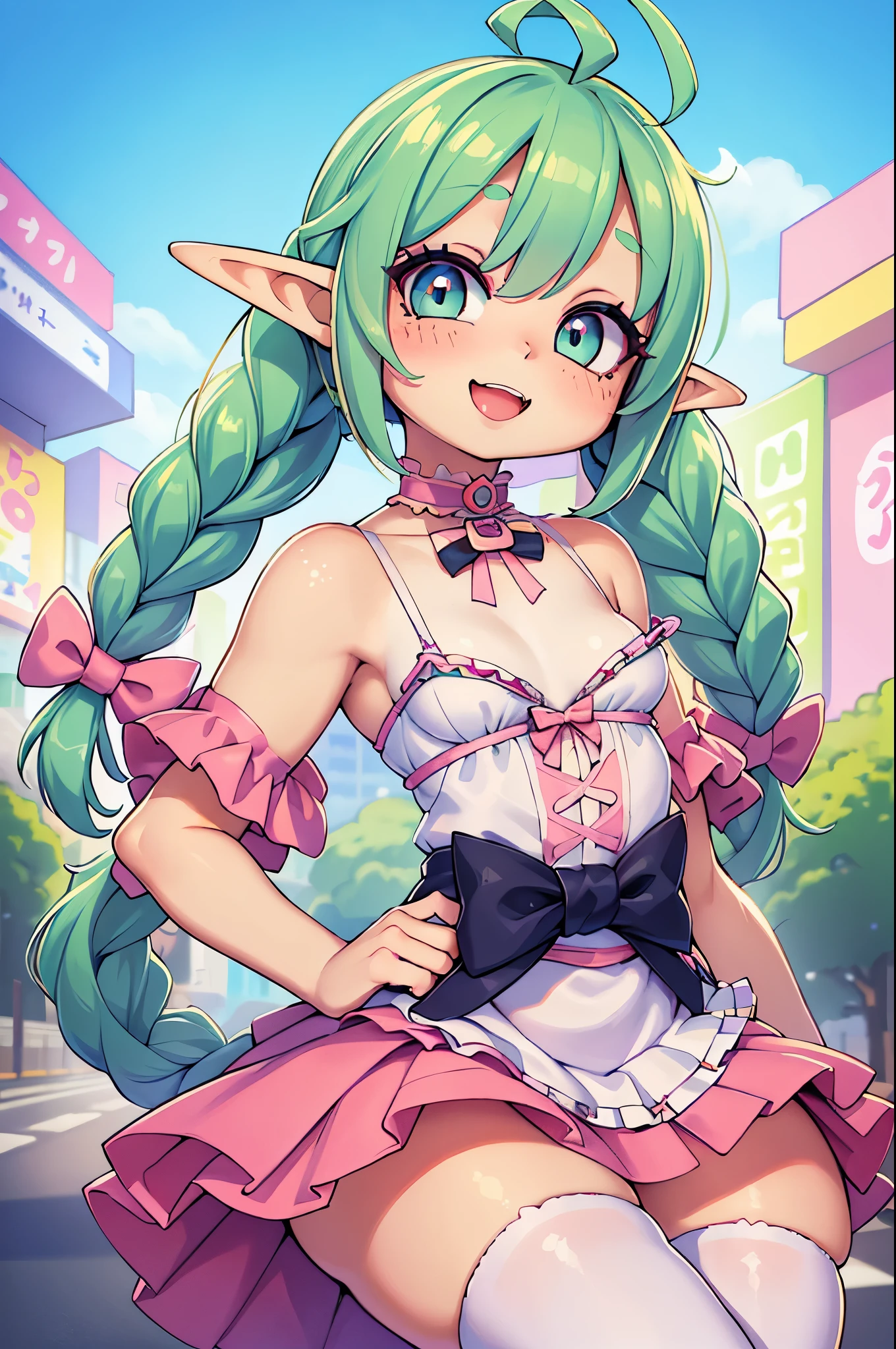 (masterpiece), (detailed eyes), perfect face, professional photography, joyful mood, natural lighting, long legs, (joyful laugh), High Elf, Pastel green hair, (((ahoge french braids))), tan skin, small breasts, small hips, big waist, red lips, eyeliner, blush, freckles,
BREAK,
((((Layers of colorful accessories)))), baby pink designer heels, mismatched thigh-highs, (oversized bows skirt), (statement decora fashion top), (((((plethora of kawaii accessories))))), the character starring in a Harajuku-themed fashion editorial for a renowned magazine, (((photoshoot takes place against iconic Harajuku backdrops))), capturing the essence of Harajuku district's diverse fashion culture,