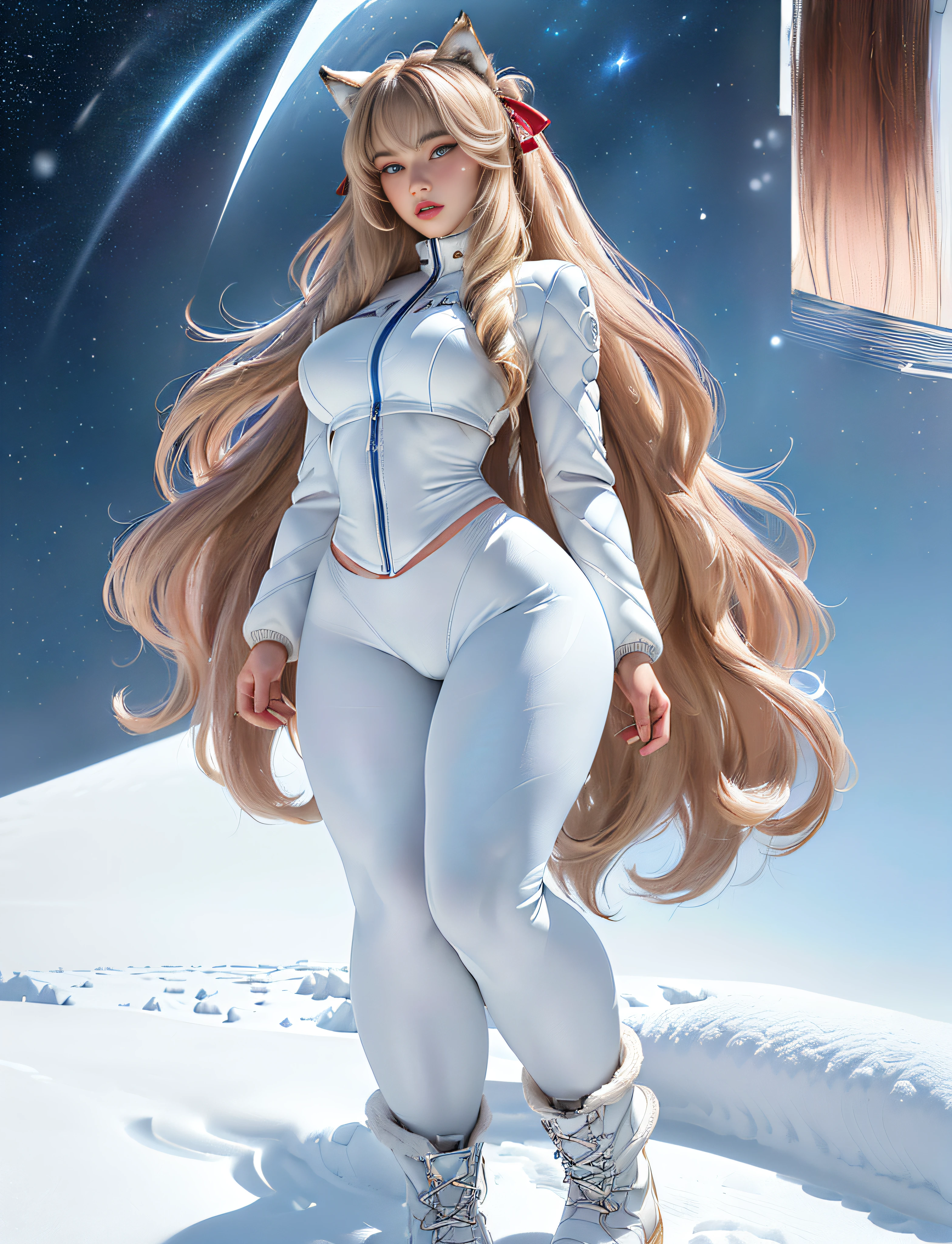 ((very detailed RAW color photo)), (((1 girl))), (((alone))), (((32 years))), ((athletic)), ((very defined toned physique)), ((very defined and beautiful muscular body)), (((very detailed perfect body))), (((small and defined breasts))), (((ultra defined curves))), (((superior quality, 8k, masterpiece: 1.3)), sharp focus: 1.2, (((extremely beautiful girl with perfect figure: 1.4))), ((very thin waist: 1.2)), ultra detailed skin texture, ((perfect and beautiful hands)), ((smooth and soft skin)), (ultra detailed fabric texture), extremely beautiful face ultra detailed, (((extremely beautiful))), ultra detailed, (((girl wearing a white snow jacket and tight snow leggings with very modern hiking boots))), (((the suit is white and modern))), (((extremely long curly blonde hair))), extremely beautiful, (((extra long ponytail with bangs))), ((very detailed and beautiful wolf ears)), (hair on the face), ((hair ribbon)), dynamic pose, ((uniform leaves thighs exposed)), ((ultra detailed and toned legs)), (((ultra detailed waist))), (((very wide hips))), (((very thick and toned thighs))), (sexy), (((extreme hourglass figure))), (((very thick heart lips))), (((red lipstick)), ((ultra detailed lips)), ((ultra detailed blue eyes)), ((angry look)), (((staring at the viewer))), ultra detailed provocative mouth, extremely beautiful seductive lips, ((blushing)), (makeup), (((ultra defined waist))), eye shadow, (full body shot), she is on a snowy planet, starry sky, galaxies