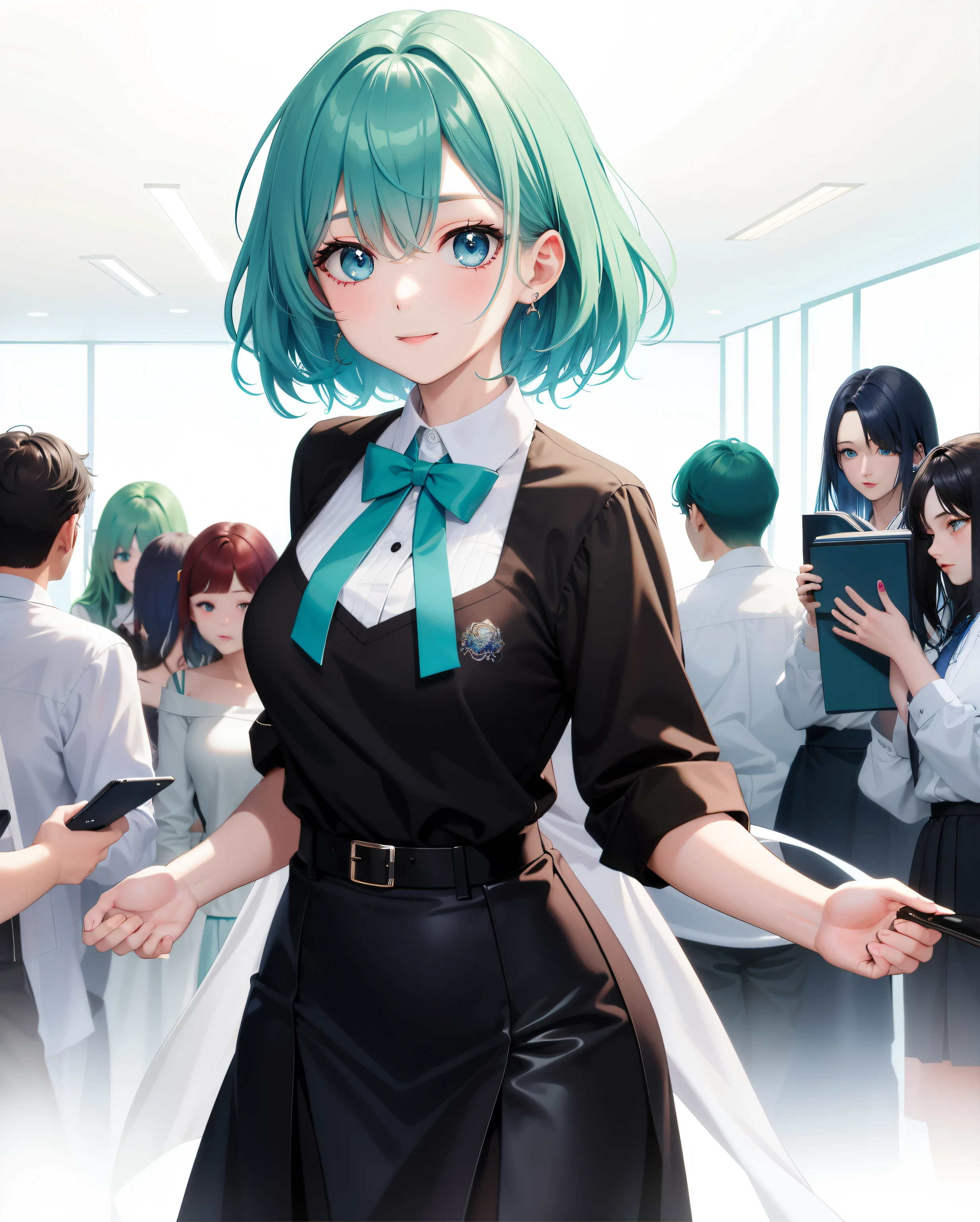Anime girl with green hair and black dress standing in a room - SeaArt AI