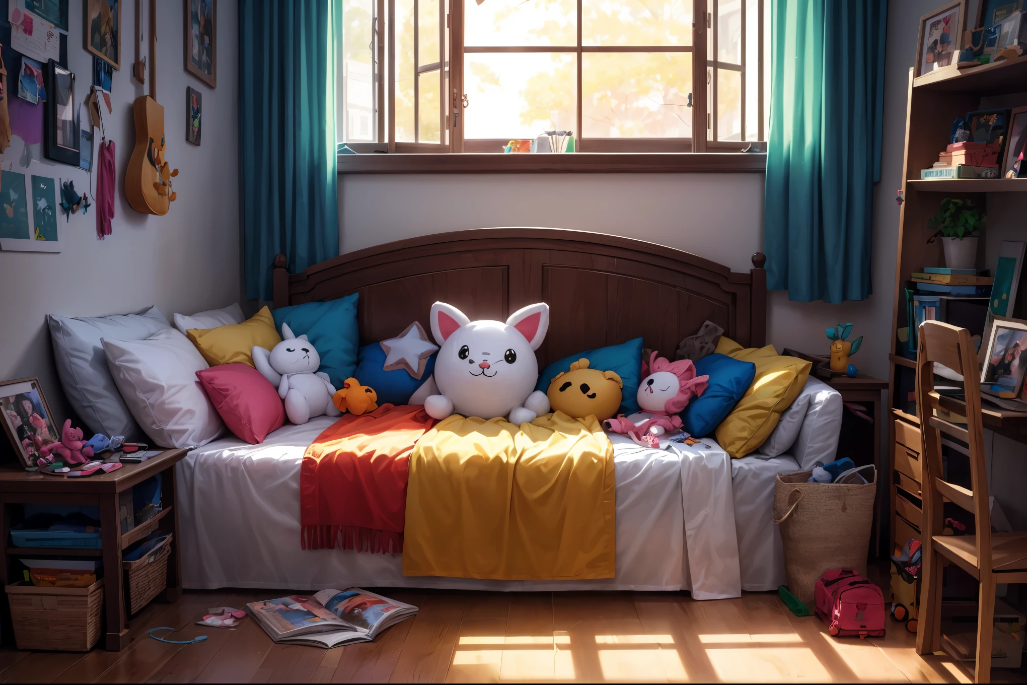 bright, ((cartoon style)), children's playroom background inside, cute room with toys, fluffy plush toys, Children's toys, sunny day, Without a bed, no human, illustration for children, fantasy art, masterpiece, detailed, difficult, 4K, art