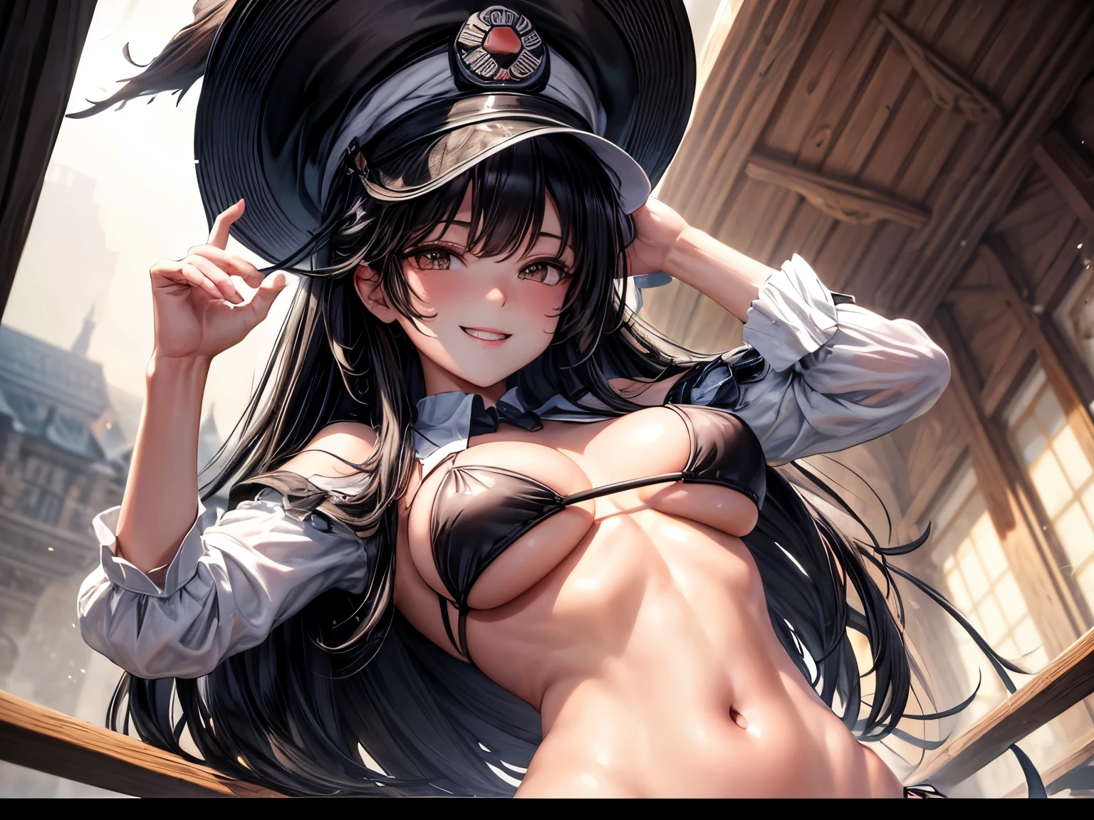 absurd resolution, high resolution, (Meisterwerk: 1.4), Hyper-Detail, Young girl&#39;s messy long black hair, Schwarzer Bikini, White cap, sweet, smiling 