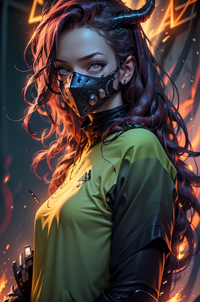 Realistic, perfect masterpiece, high quality, high resolution, highest image quality, 8k hd. 1girl. Long dark blue-red hair, yellow eyes, glowing eyes, horns. Dark red cybernetic suit, masks. Night, flowers, flames on the background. Highly detailed background