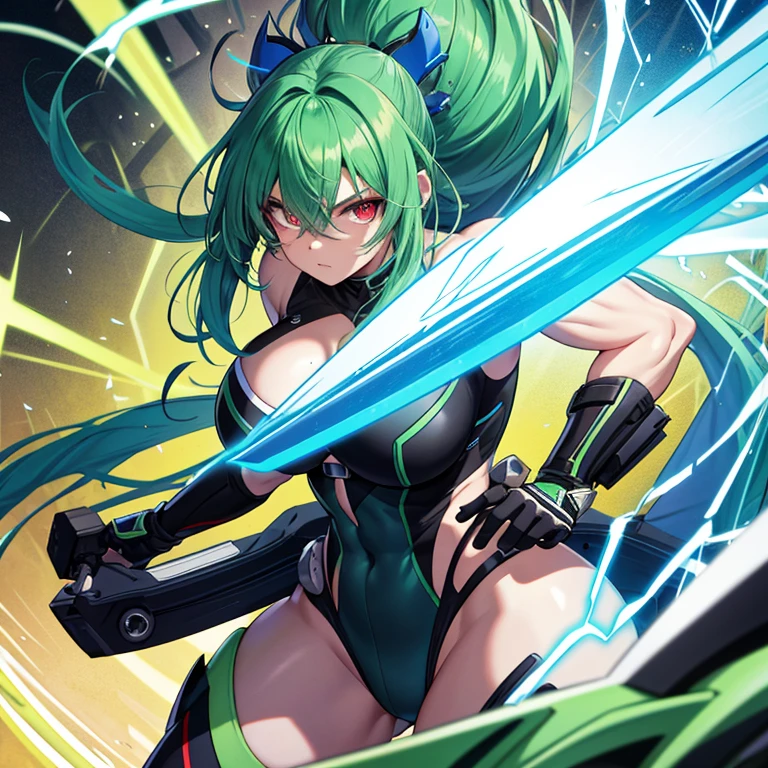 Anime Character with big tits and big ass and Electric Green Hair and Transparent Background:
(Transparent background, High definition: 1920 x 1080p), a muscular figure clad in a cartoon anime-style outfit, broad, narrow eyes drawing intense focus, electric blue hair standing out against the background, red glowing eyes piercing through the emptiness, broad shoulders and narrow waist showcasing an athletic physique.
