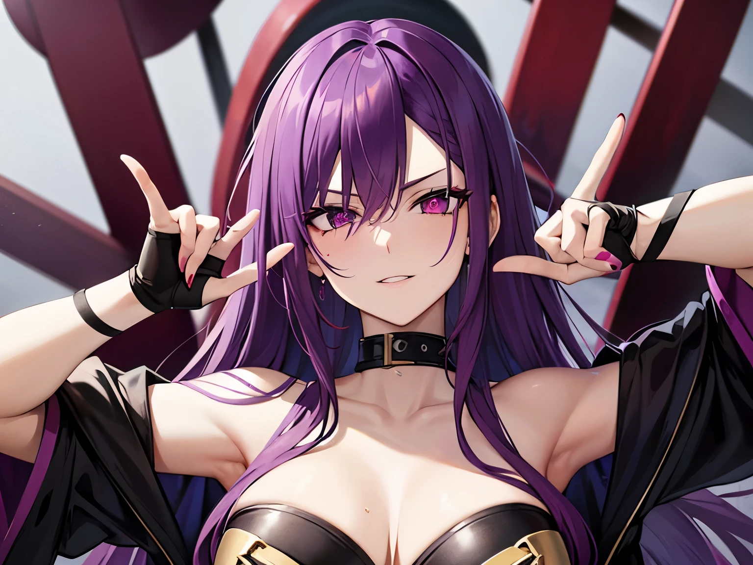 purple hair red eye villain