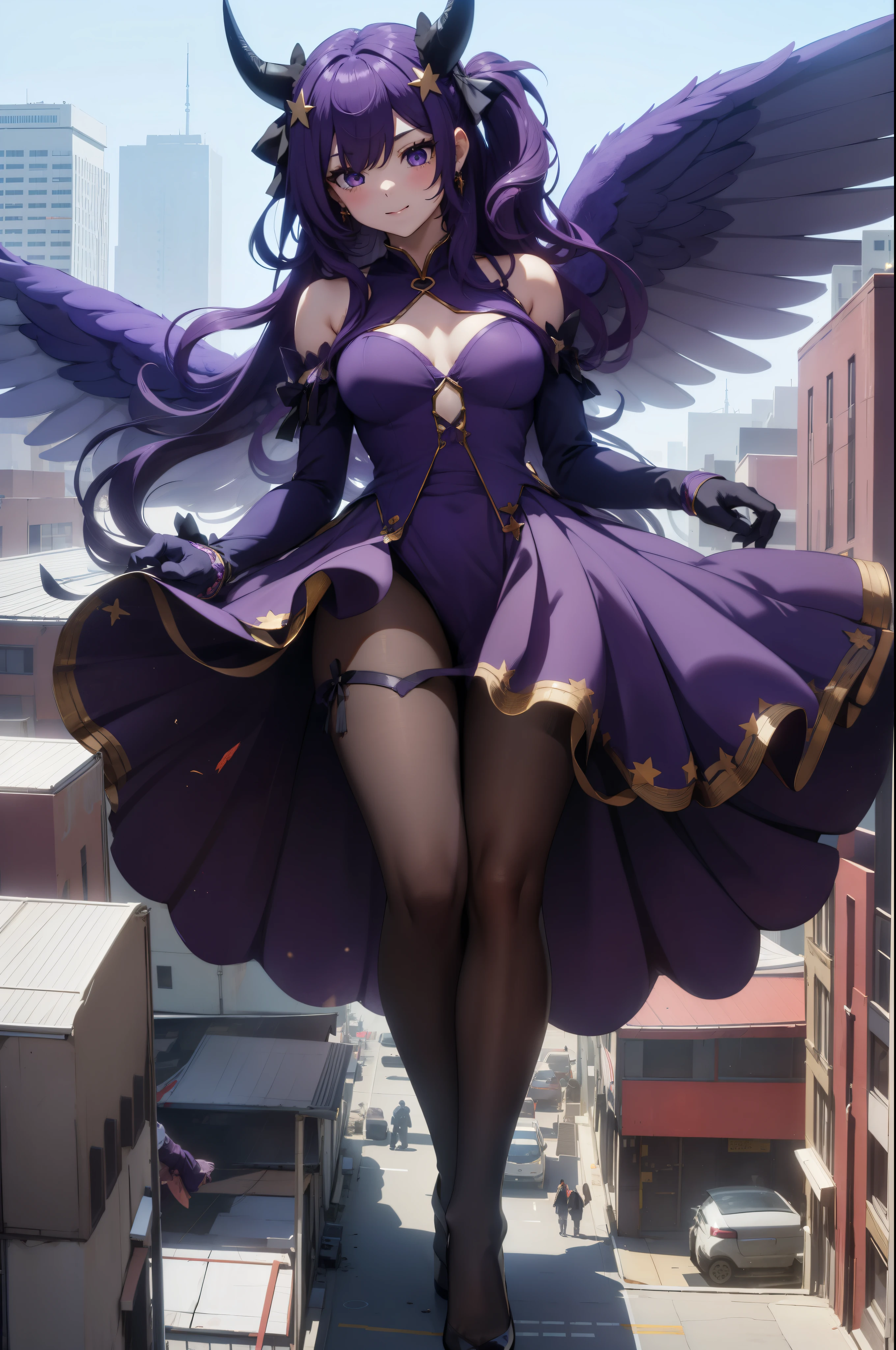 Aerial View,giant girl 50,000 feet high,Have a pair of long legs,Has a pair of huge angel wings,With huge devil horns on his head,Has waist-length purple hair,loose hair,Wearing a pair of Mary Jane heels,purple wavy hair,lace gloves,lace pantyhose,蕾丝whole body,leaning upright on a tall building,城市到处是blood stains,Beautiful appearance,Exquisite makeup,quality,8k,高quality,(governor:1.5),Perfect proportion, Cinema lighting,film grain,Fuji colors,8k,textured skin,Super details,high detail,high resolution,explode,fake smile,blood stains,脚底有blood stains,whole body,Fat stature
