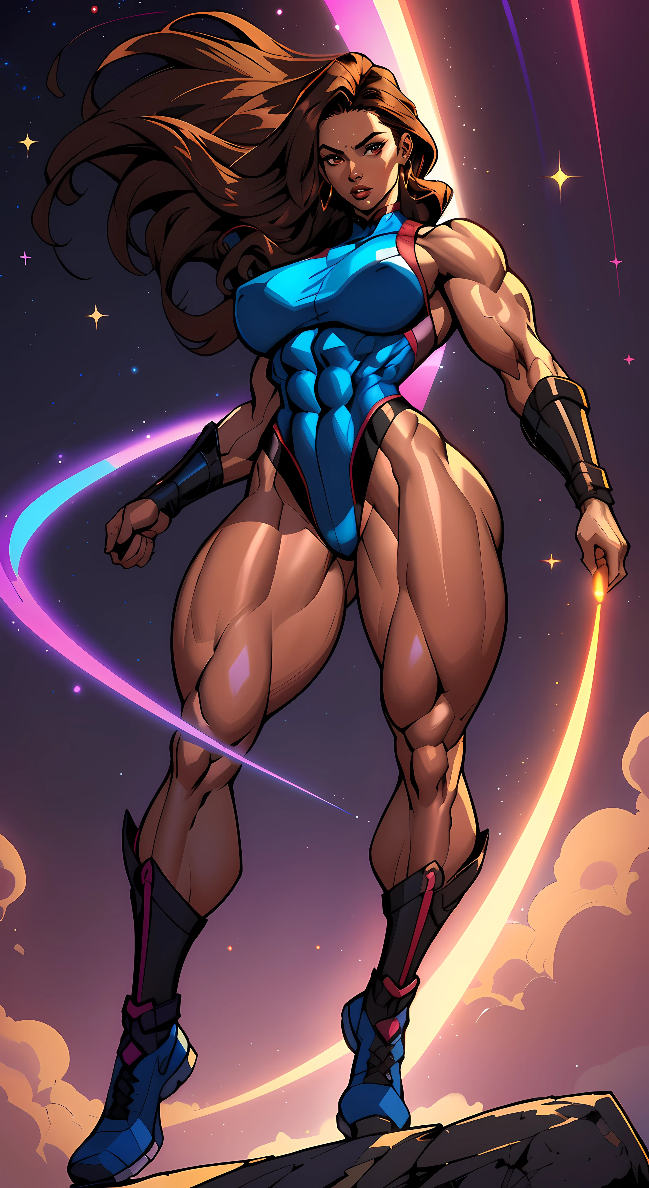 35-year-old woman, (masterpiece), (Best Illustration), high resolution, (muscular thighs: 1.6), (Gigantic Breasts: 1.0), (hanging breasts: 1.5), (wide hips: 1.3), (((no abs))), chubby tummy, soft belly, no pants, cut-off shorts, sleeveless jacket, leotard, boots, bare shoulders, hip dips, long and straight brown Hair, face like Psylocke from X-Men, dark skinned, dynamic angle, vibrant colors, glowing effect, volumetric light, dark background, simple background