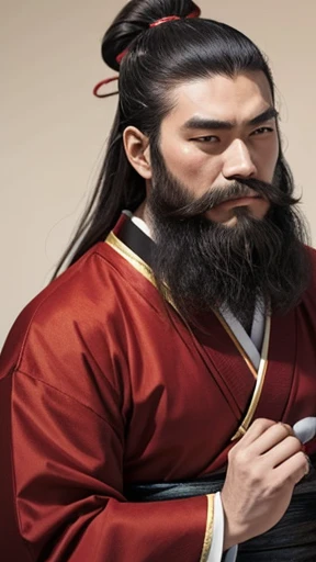 A man wearing clothes from the Heian period、A man with a hairstyle from the Heian period、Red clothes、long beard、four-legged man、man in clothes from the heian period、highest quality、masterpiece、