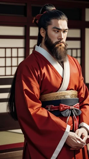 A man wearing clothes from the Heian period、A man with a hairstyle from the Heian period、Red clothes、long beard、four-legged man、man in clothes from the heian period、highest quality、masterpiece、