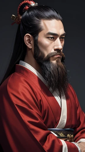 A man wearing clothes from the Heian period、A man with a hairstyle from the Heian period、Red clothes、long beard、four-legged man、man in clothes from the heian period、highest quality、masterpiece、