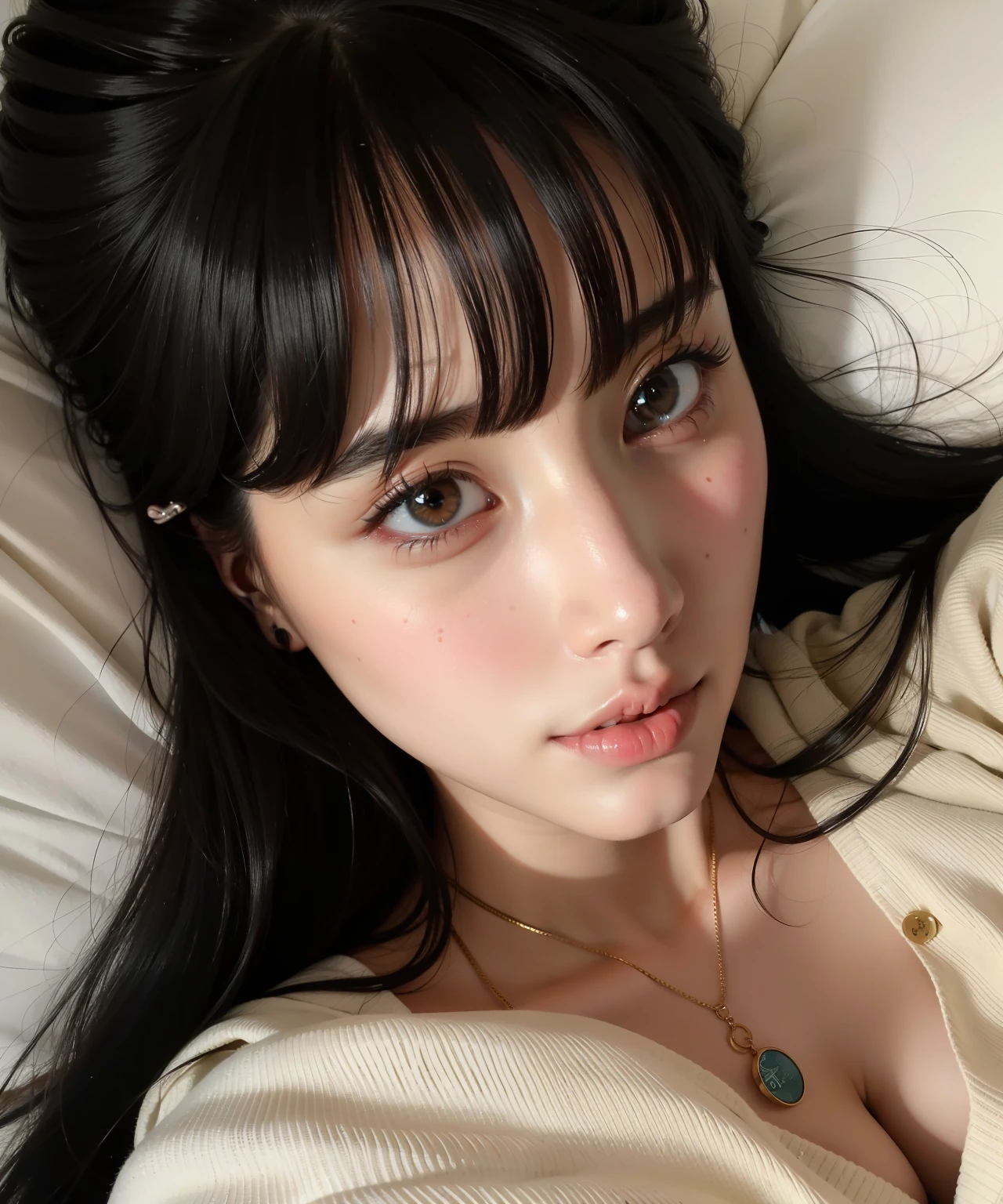 there is a woman laying in bed with a cell phone, she has black hair com franja, Kiko Mizuhara, Yoshitomo Nara, dilraba dilmurat, sui ishida com cabelo preto, Kimi Takemura, The motto is Teshirogi, chiho, Narumi Kakinouchi, com franja