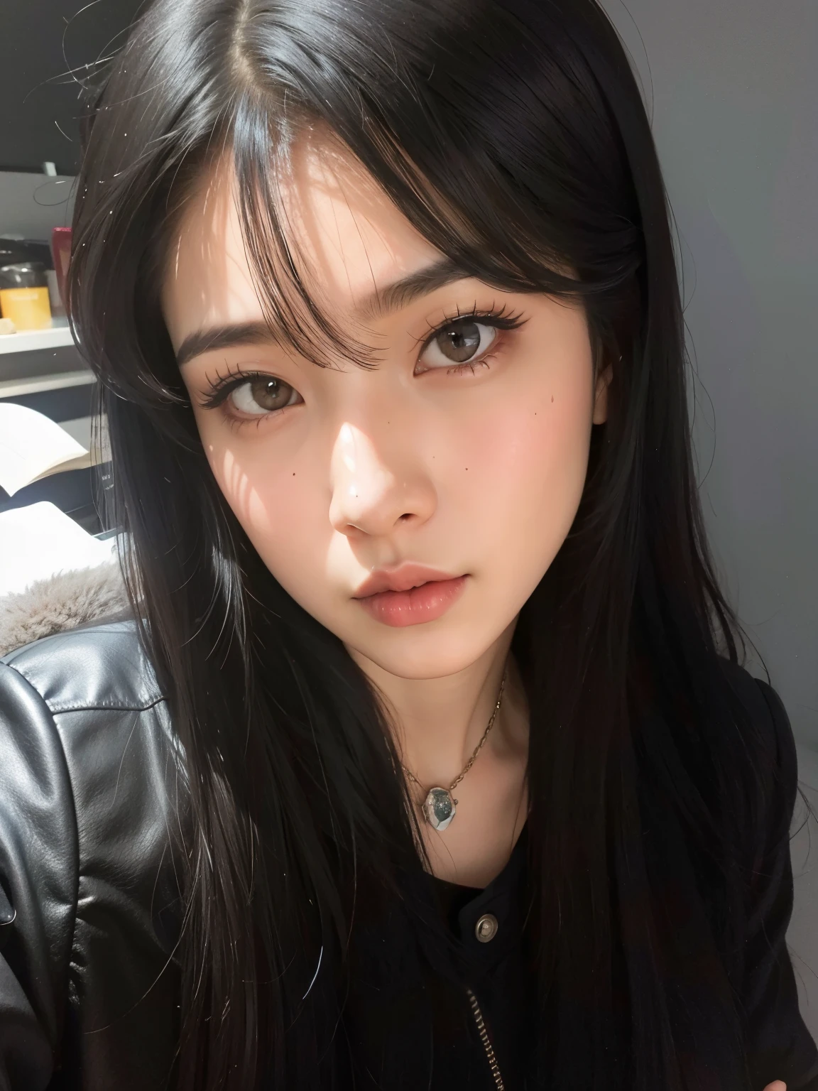 um close up de uma mulher com longos cabelos pretos usando uma jaqueta preta, Ulzzang, she has black hair com franja, Menina coreana, cruel korean goth girl, com franja, cabelo preto com franja, Jinyoung Shin, linda mulher sul-coreana, profile picture with headshot, Korean facial features, com franja completa, maquiagem sul-coreana popular, com rosto redondo, adorable and pale korean face