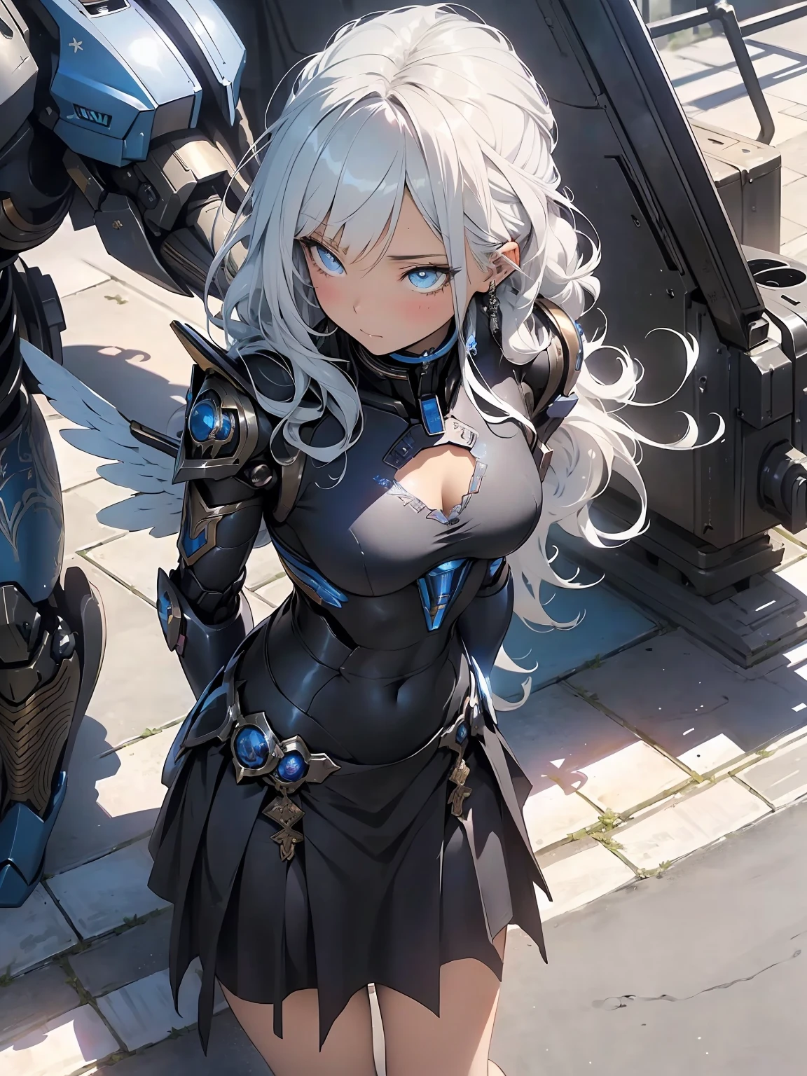 (delicate manga style:1.1), cool beauty, (one woman:1.0), (20-year-old:1.0), (small breasts:1.2), outdoor, Day, sunny, outdoorで飛ぶ, over european cities, (wide shot:1.0), (written boundary depth:1.1), (From the side: 0.7), (From above:1.0), Blake、（anime face:1.0), (clear blue eyes:1.0), (Cybernetic Genoid:1.1), (highly detailed mecha suit:1.3), (blue gothic cuirass:1.2), (long silver hair:1.0), (black luxury wizard dress skirt:1.3), (decorative embroidery:1.0), (angel wings:1.1), closed mouth