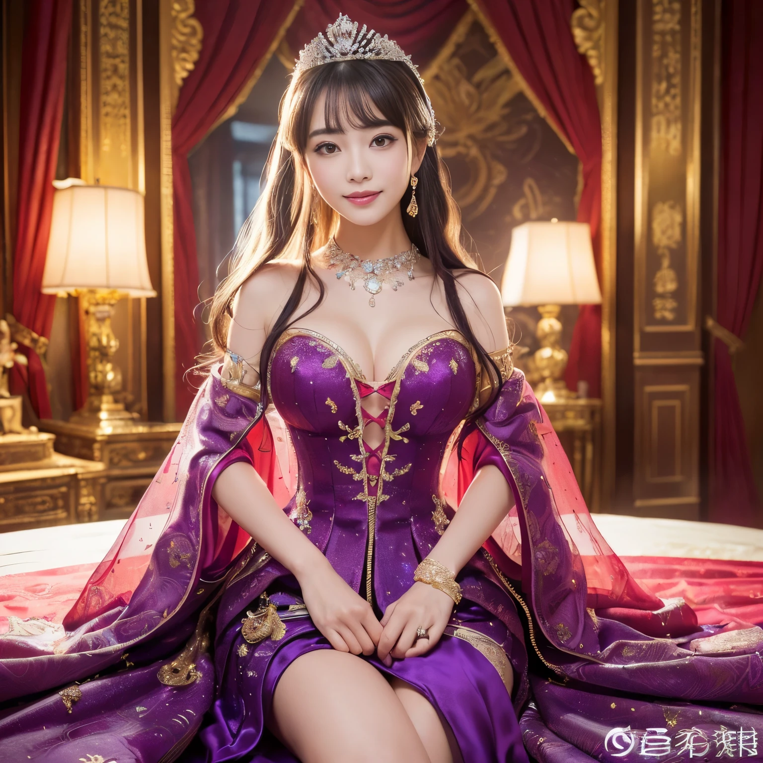 (((highest quality, debris flies, ultra high resolution、the most complex and detailed depiction、Awards, 8K、bright and vivid)))、((1 Japanese cute prostitute princess、slim and toned waist、accurate anatomy、perfect human structure、Ultimate luxury with everything you can imagine、accurate anatomy、The most luxurious prostitution costumes in purple and red,Purple and red courtesan princess costume,、The most detailed and luxurious luxury princess room,shine intricately,purple and red sparkle,Front fixed,The best smile staring at the camera,Please smile big,Smile affectionately at me、upper body photo)),((The most gorgeous and luxurious princess room、highest qualityの紫と赤のコスチューム、large amount of jewelry decoration,The largest giant tiara in the world,detailed jewelry,detailed decoration,Glitter Costume,Lots of sparkling gems、Huge decoration、Huge and intricate high-end costumes、artistic decoration,very detailed decoration,very intricate decoration)),(big and full breasts,get used to it,royal, majestic, queen of courtesans,intricate details,realistic,, front close-up, Upright posture, finely描かれた顔、beautiful face、very delicate and beautiful, very detailed,finely))