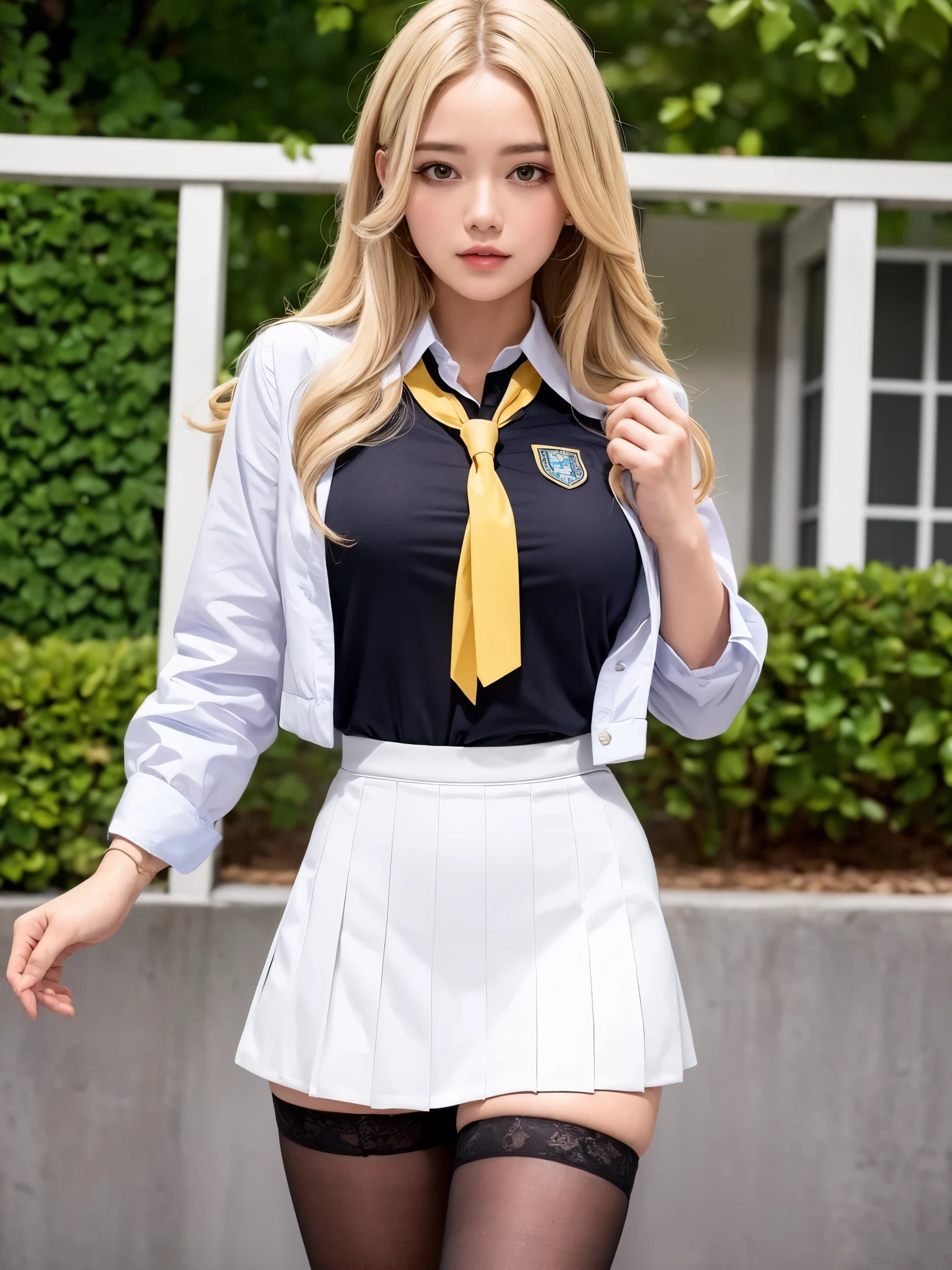 （best quality，4K，master piece：1.2），Beautiful woman，1 girl，Sexy：1.1，dark yellow hair：1.1，Woman in school uniform，Drenched school uniform，super detailed face，detailed lips，detailed eyes，double eyelid，miniskirt white stockings，stand up