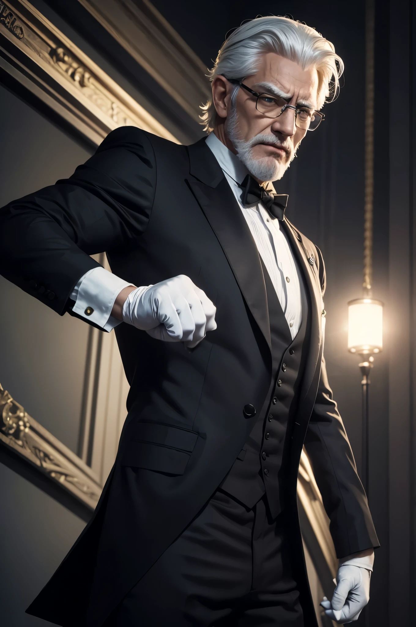 8K,An old butler with white hair and small glasses,Gray-haired short-haired,super handsome(like the real thing),butler with goat eyes,muscular body macho,angry expression,Black butler uniform,Butler costume,Cotton gloves,ultra high resolution,Super realistic,fantasy art,character art,rich colors, Backlight, cinematic lighting, film grain, born, 50mm lens, Nikon D850,wrath,battle scene,action scene,action pose,fighting pose,