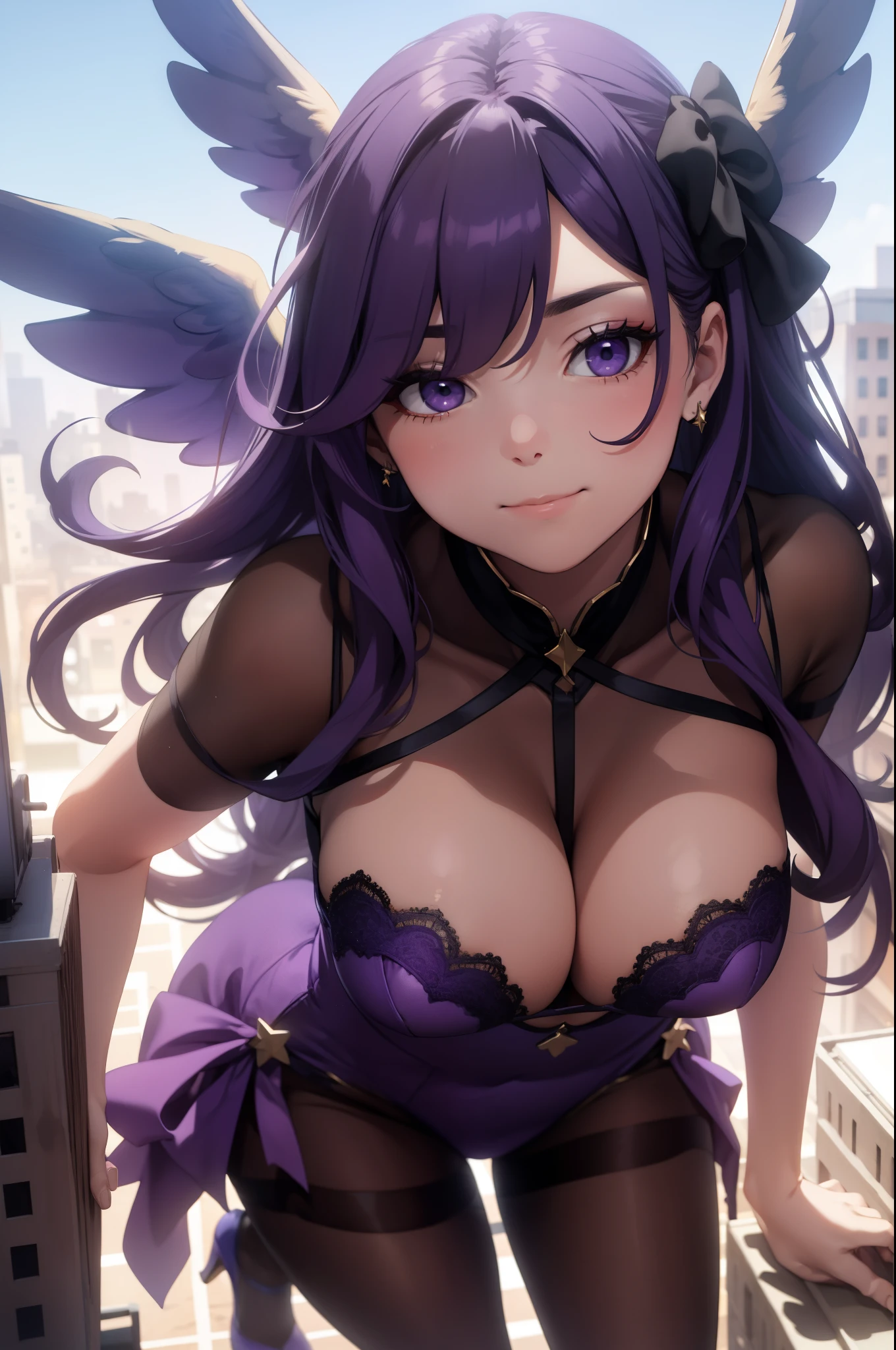 Aerial View，giant girl 50,000 feet high，Weight 1000kg，Has a pair of huge purple angel wings，With huge devil horns on his head，Has waist-length purple hair，loose hair，Purple big wavy curls，Wearing a pair of purple Mary Jane high heels，Purple lace gloves，Purple lace pantyhose，Pantyhose with bow and star decorations，紫色蕾丝whole body，Standing upright on a small city，Beautiful appearance，Exquisite makeup，quality，8k，高quality，Perfect proportion, Cinema lighting，film grain，Fuji colors，8k，textured skin，Super details，high detail，high resolution，fake smile，blood stains，脚底有blood stains，whole body，Obese，feather