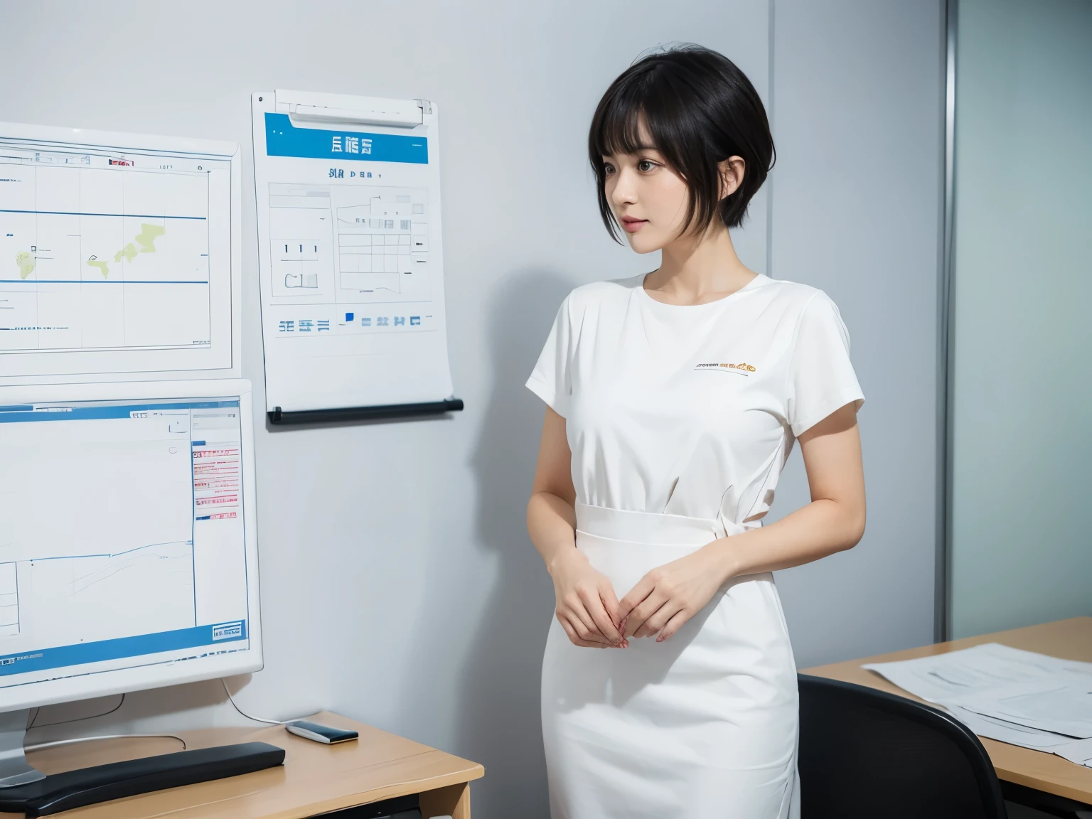 there is an officeJapanese lady，Short hair with oblique bangs，In modern minimalist office，looking at the walls, Simple business casual attire，Simple dress，there is a whiteboard on the wall, minimalist , japanese office, japanese lady, standing in the office looking at wall's whiteball，Modern decorated office